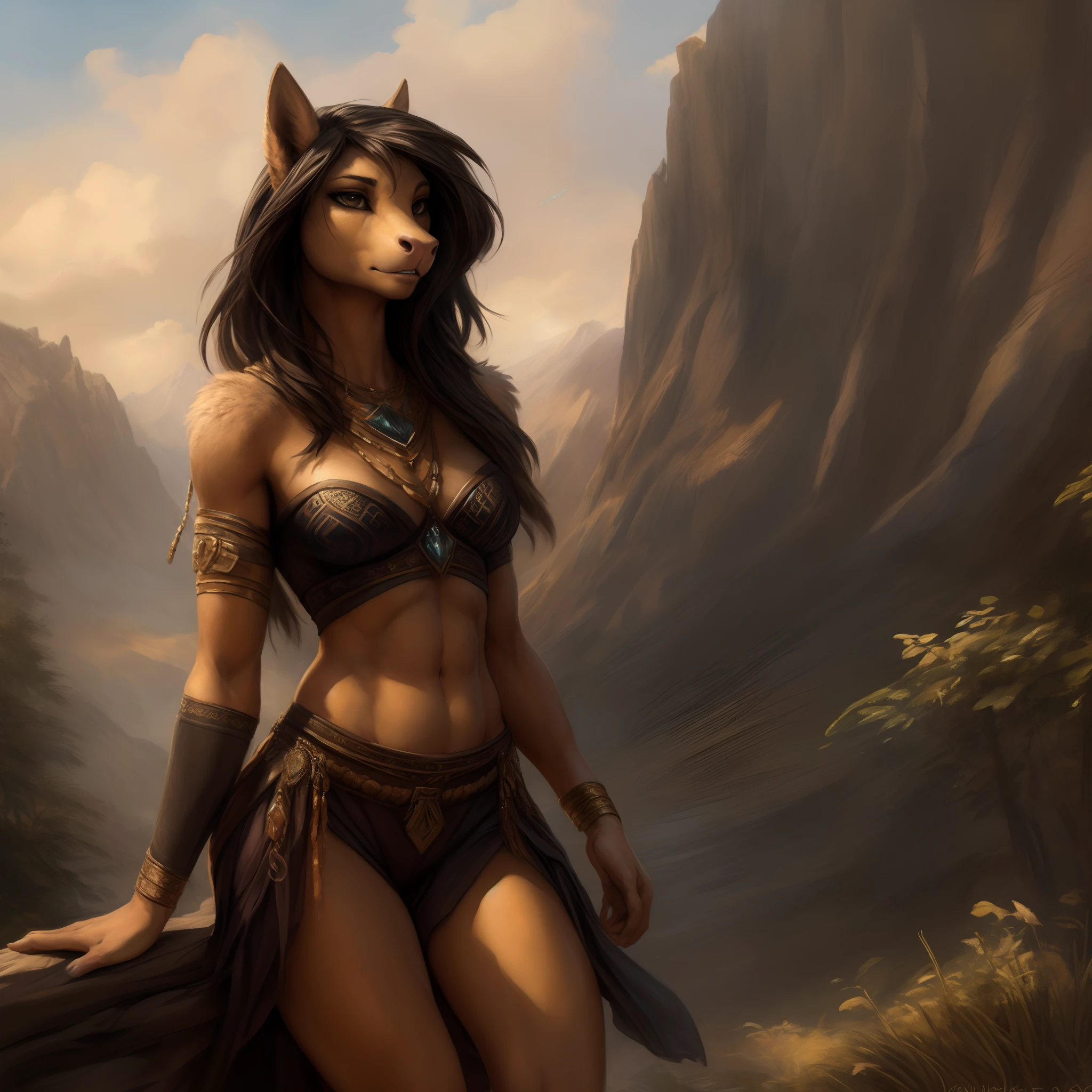 by Kenket, Ruan Jia, Chunie, Bonifasko, Extremely beautiful pony maiden, mane, wearing crystal brasserie, runic artifacts, epic shoulders, visible belly, super slim waistline, graceful figure, realistic anatomy, toned abs, 8k image, detailed face of fantasy female pony character