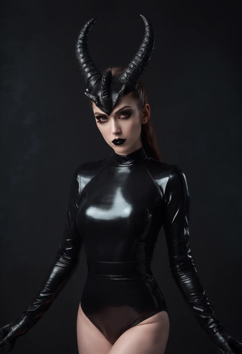 Demon woman with horns dressed in latex leotard posing for a photo in a dark studio, black make-up, ultra detailed, masterpiece.