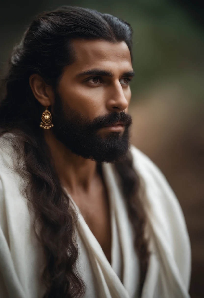 Homem de luz saindo das trevas, wearing white tunic, cabelos longos e cor da pele morena, olhos de fogo, corpo definido e alto, um deus.