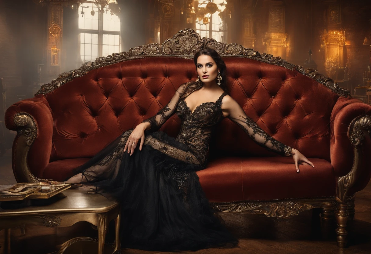 a girl in black stockings,sitting on a velvet chair,posing with her legs crossed,in a dimly lit room,with a vintage atmosphere,reflecting on the glossy floor,highlighting her perfectly manicured nails,juxtaposed with a vibrant red backdrop,emphasizing her elegant silhouette,under the soft glow of a chandelier,creating a seductive and alluring ambiance.(best quality,highres:1.2),ultra-detailed,realistic,vivid colors,portrait,dark and moody lighting.