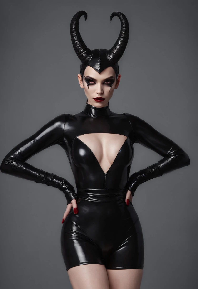 Demon woman with horns dressed in latex leotard posing for a photo in a dark studio, black make-up, ultra detailed, masterpiece.