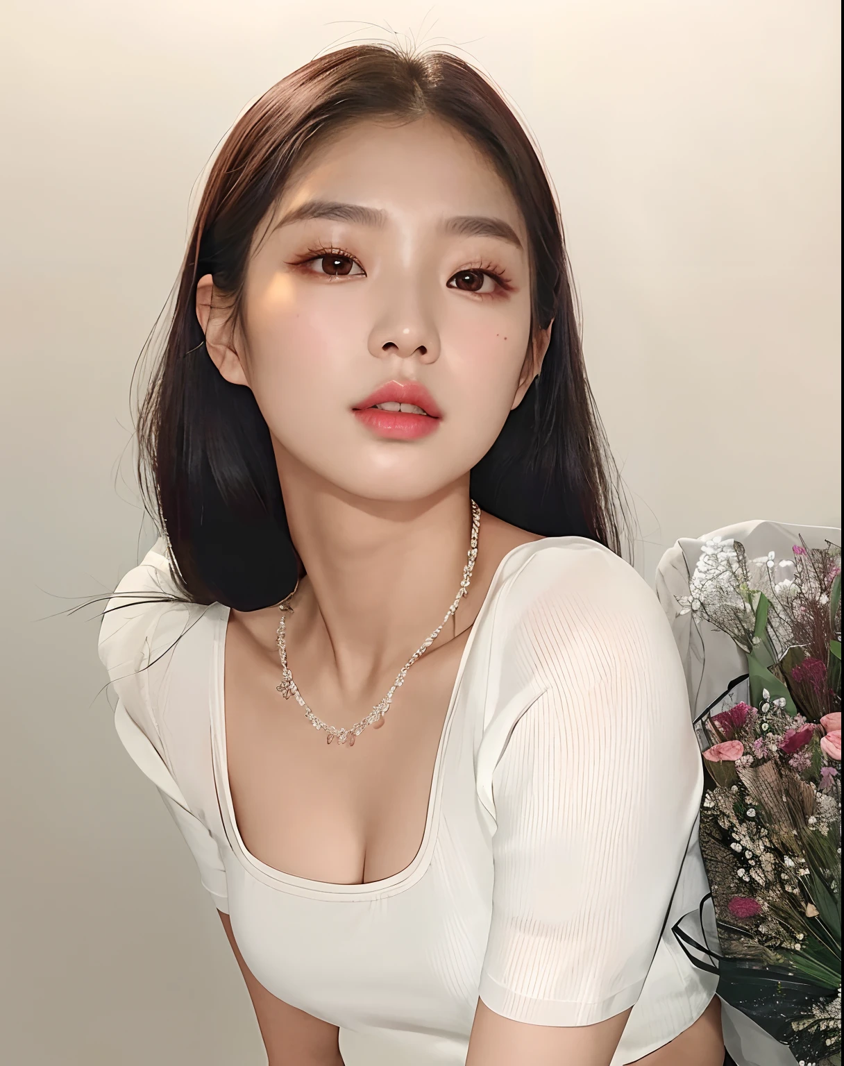 There's a woman sitting on a chair with a bouquet of flowers, gorgeous young mulher coreana, beautiful young mulher coreana, beautiful south mulher coreana, jennie blackpink, Heonhwa Choe, Menina coreana, Jennie kim , morena jennie, kim jeny do blackpink mulher coreana, a young Asian woman, atriz feminina da Coreia, taejune kim, beautiful asian girl