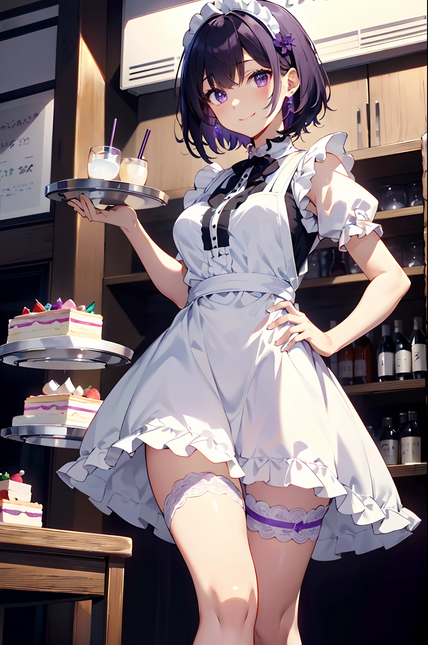 (masuter piece、Best Quality、Detailed、8K, 4K, Illustration、hight resolution、Detailed beautiful eyes:1.2)、((from behind))、cowboy shot、foco nítido、Evening glow、beauitful face、Sharp pupils、Modern Cafe、18 year old beautiful girl、A slender、shinny skin、bob cuts、Beautiful dark purple hair、Purple eyes、inside in room、Apron Dresses、Maid costume、knee sox、(Hold the tray in your right hand、The tray contains drinks and cakes、Left hand resting on hip、Gentle smile:1.2)、(Hip Thrust Pose:1.3)、(I can see the white panties、beauty legs)