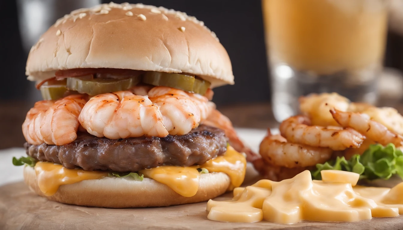 Surf and Turf Burger with melted meat Cheddar Burger Shrimp with cheddar sauce, stock photo