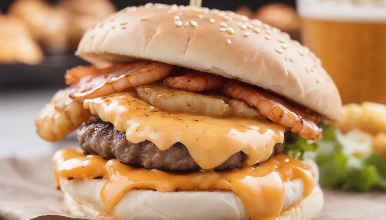 Surf and Turf Burger with melted meat Cheddar Burger Shrimp with cheddar sauce, stock photo