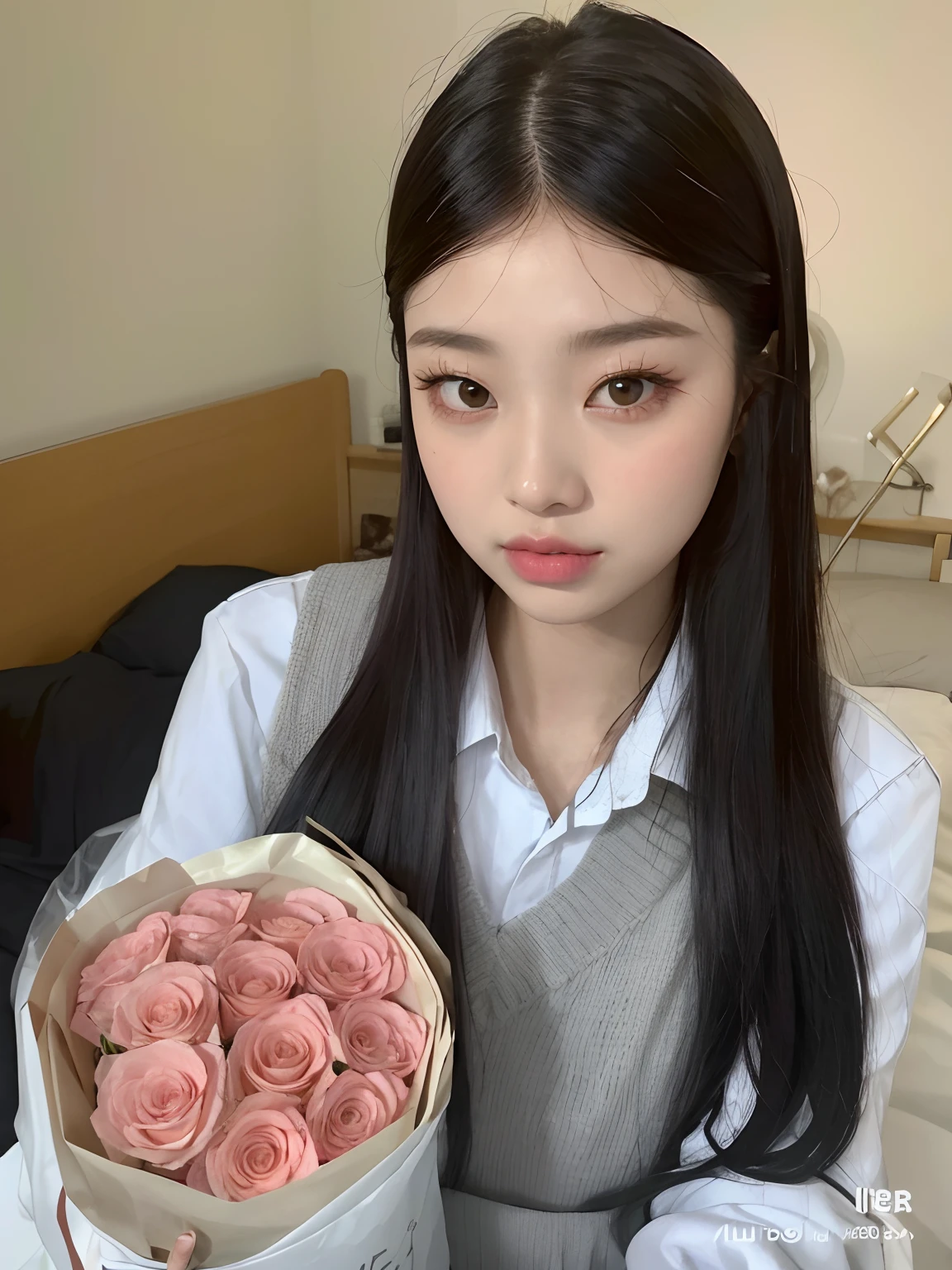 Mujer arafed sosteniendo un ramo de rosas en un dormitorio, her face looks like an orchid, con flores, ulzzang, Chica coreana, Blackpink Jennie, con cara linda - fina -, 19 year old girl, con flores congeladas a su alrededor, Xintong Chen, Jinyoung Shin, Jossi de Blackpink, Jaeyeon Nam