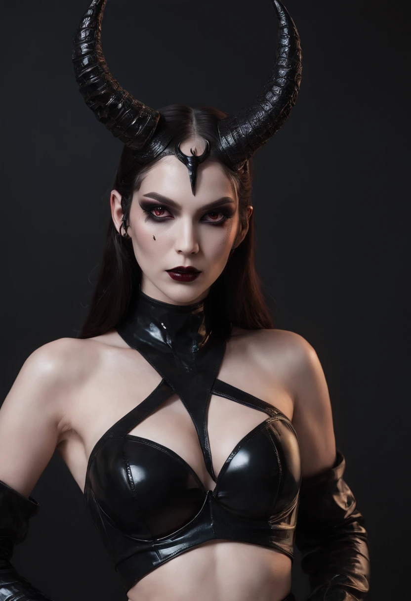 Demon woman with horns dressed in latex lingerie posing for a photo in a dark studio, black make-up, perfect body, sensual pose, ultra detailed, masterpiece.