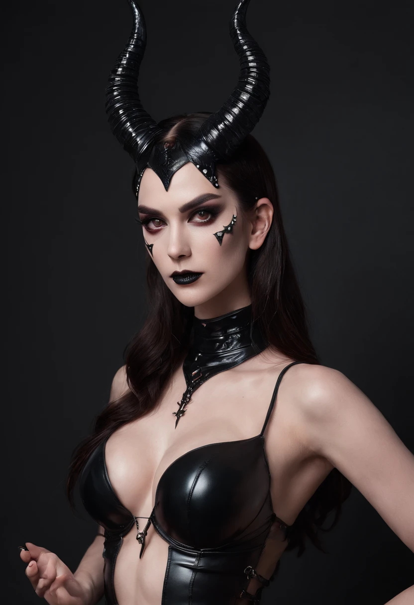 Demon woman with horns dressed in latex lingerie posing for a photo in a dark studio, black make-up, perfect body, sensual pose, ultra detailed, masterpiece.