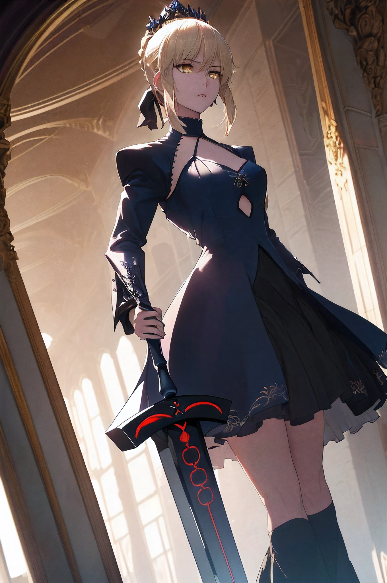 (masterpiece, high resolution, dramatic photo:1.3), Artoria Pendragon from Fate anime, (holding the legendary Excalibur sword with both hands:1.2),  (meticulously detailed eyes, a captivating blend of fatigue and determination:1.3), (capturing the essence of the moment in a visually striking composition:1.2), (Canon EOS-1D X Mark III camera ensuring exceptional detail:1.2), (paired with a Sigma 50mm f/1.4 DG HSM Art lens for intense clarity:1.2), (dramatic lighting casting deep shadows, emphasizing the regal silhouette:1.2), (ultra photorealistic rendering, bringing out the power and grandeur of Excalibur:1.3), (focused composition highlighting Artoria's stoic stance and the majestic sword:1.2), (dynamic angles creating a sense of urgency and importance in the scene:1.2)