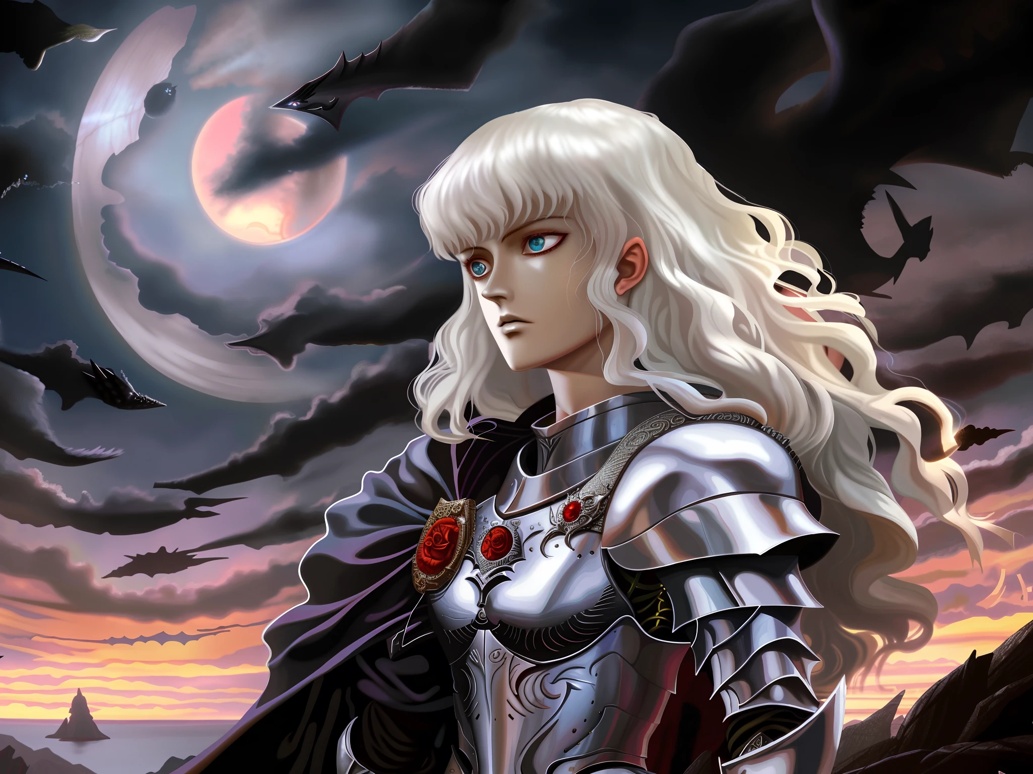 imagem arafed de uma mulher em armadura com uma espada, Griffith, Berserk, Griffith, de Furioso, Estilo de arte Berserk, yoshitakka amano Karol Bak, Estilo Berserk, portrait knights of zodiac girl, Furioso, Furious manga, knights of zodiac girl, em Berserk Manga, sangue de Furioso