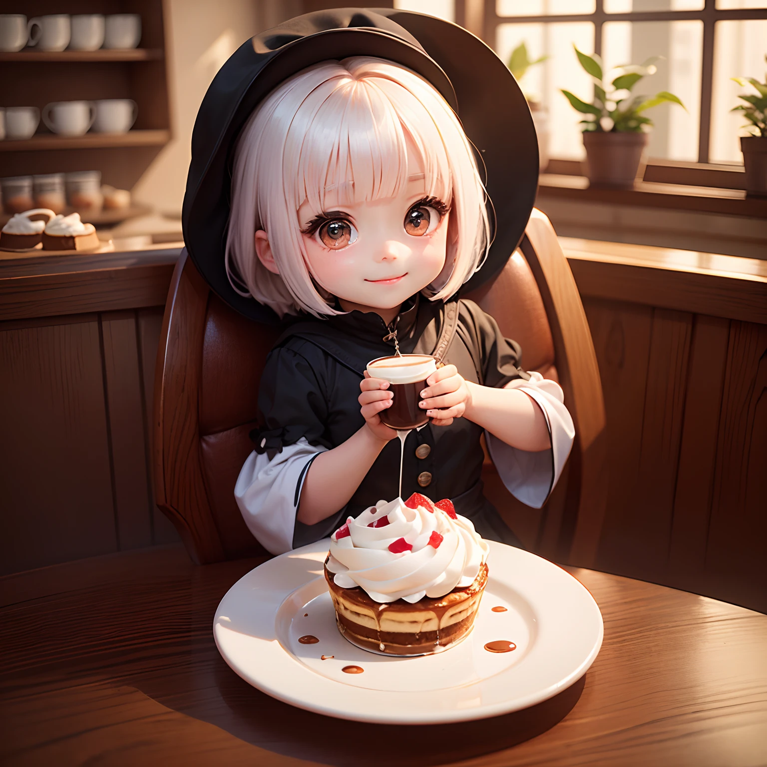 masterpiece、top-quality、ultra-detailliert、(Chibi Chara's Daughter:1.2)、White Bob、wraith、Pudding 🍮、Dessert Set Menu、Inside a fairytale coffee shop、A smile