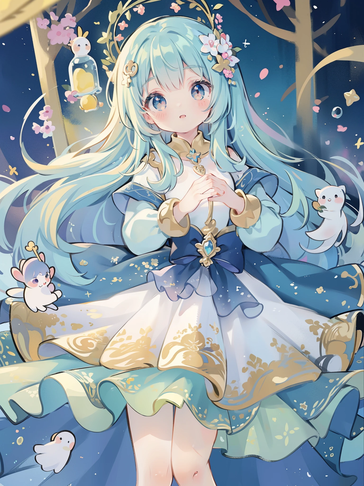 masterpiece, best quality, 8k resolution, sharp focus, intricate detail, beautiful girl, sparkling eyes, golden ratio face, otherworldly liquid, watercolor, cool colors, bright colors, whimsical, colorful, sharp focus, high resolution, fine detail, ((layered tiered puffy long sleeves ballgown)), ((round eyes)), iridescent bubbles, fantasia background
