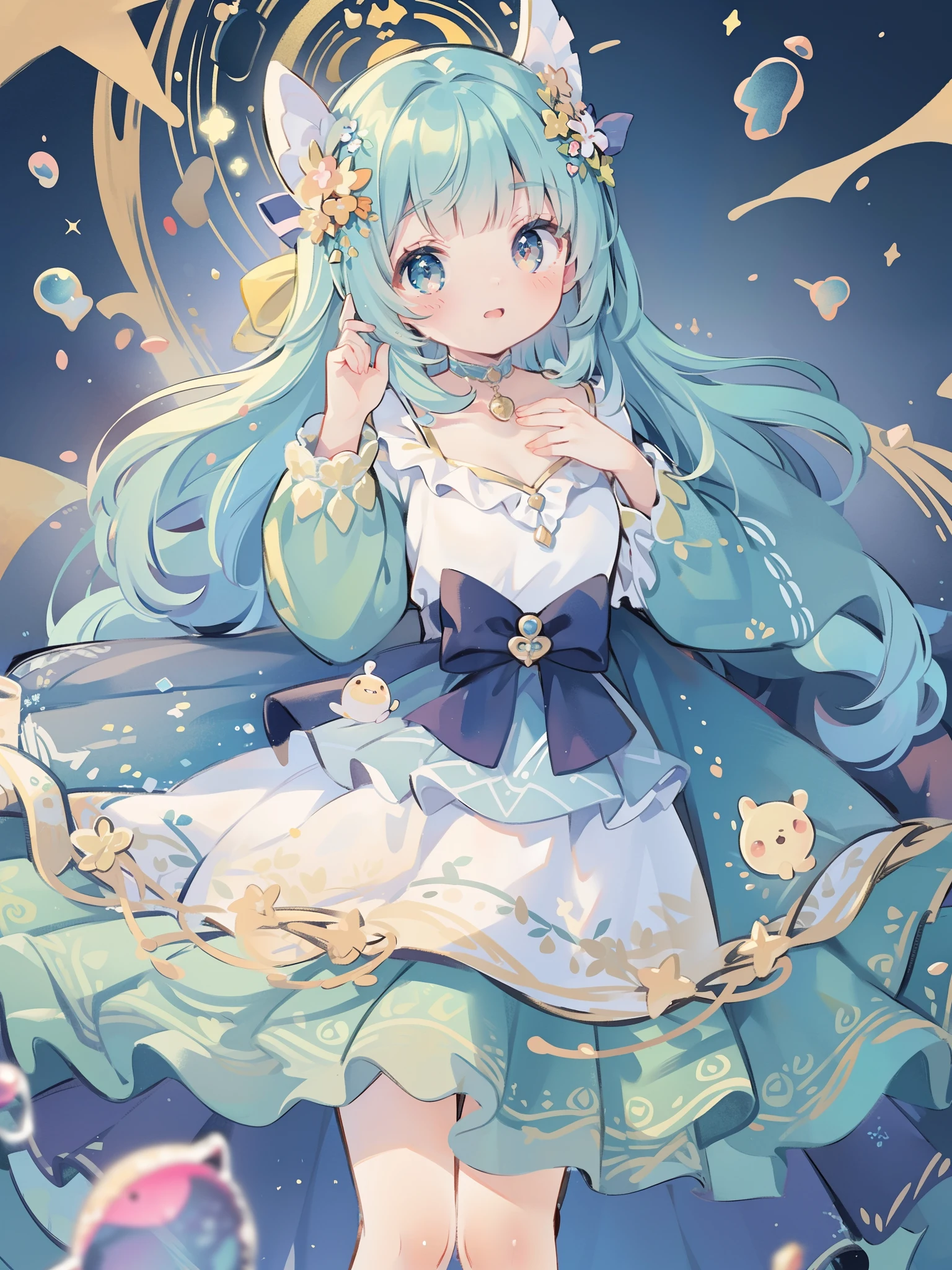 masterpiece, best quality, 8k resolution, sharp focus, intricate detail, beautiful girl, sparkling eyes, golden ratio face, otherworldly liquid, watercolor, cool colors, bright colors, whimsical, colorful, sharp focus, high resolution, fine detail, ((layered tiered puffy long sleeves ballgown)), ((round eyes)), iridescent bubbles, fantasia background