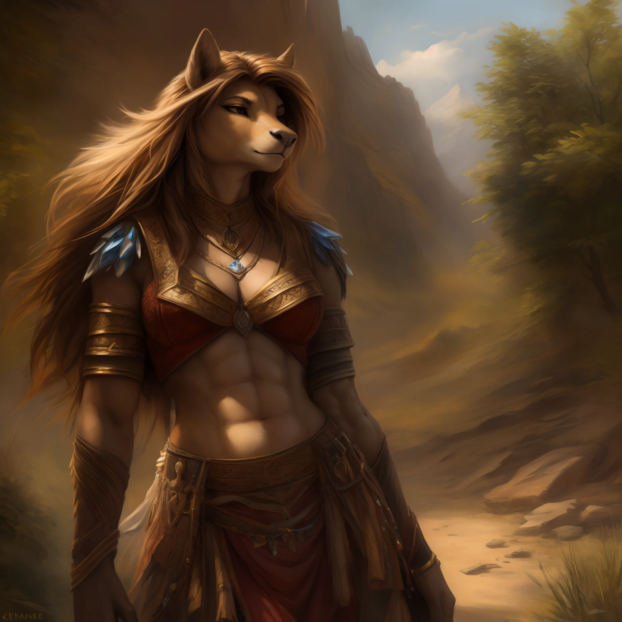 by Kenket, Ruan Jia, Chunie, Extremely beautiful pony maiden, mane, wearing crystal brasserie, runic artifacts, epic shoulders, visible belly, super slim waistline, graceful figure, realistic , toned abs, 8k image, detailed face of fantasy female pony character
