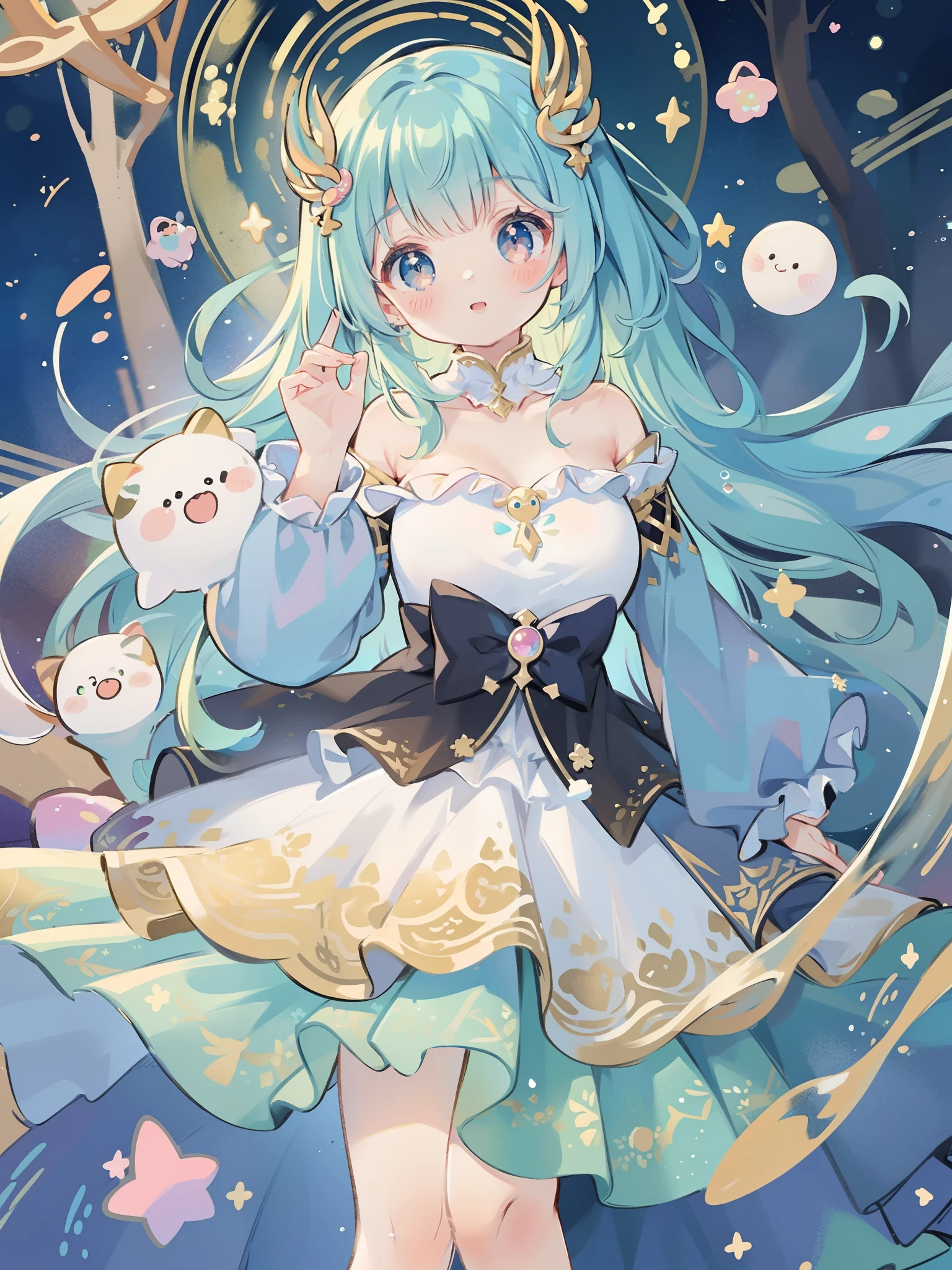 masterpiece, best quality, 8k resolution, sharp focus, intricate detail, beautiful girl, sparkling eyes, golden ratio face, otherworldly liquid, watercolor, cool colors, bright colors, whimsical, colorful, sharp focus, high resolution, fine detail, ((layered tiered puffy long sleeves ballgown)), ((round eyes)), iridescent bubbles, fantasia background