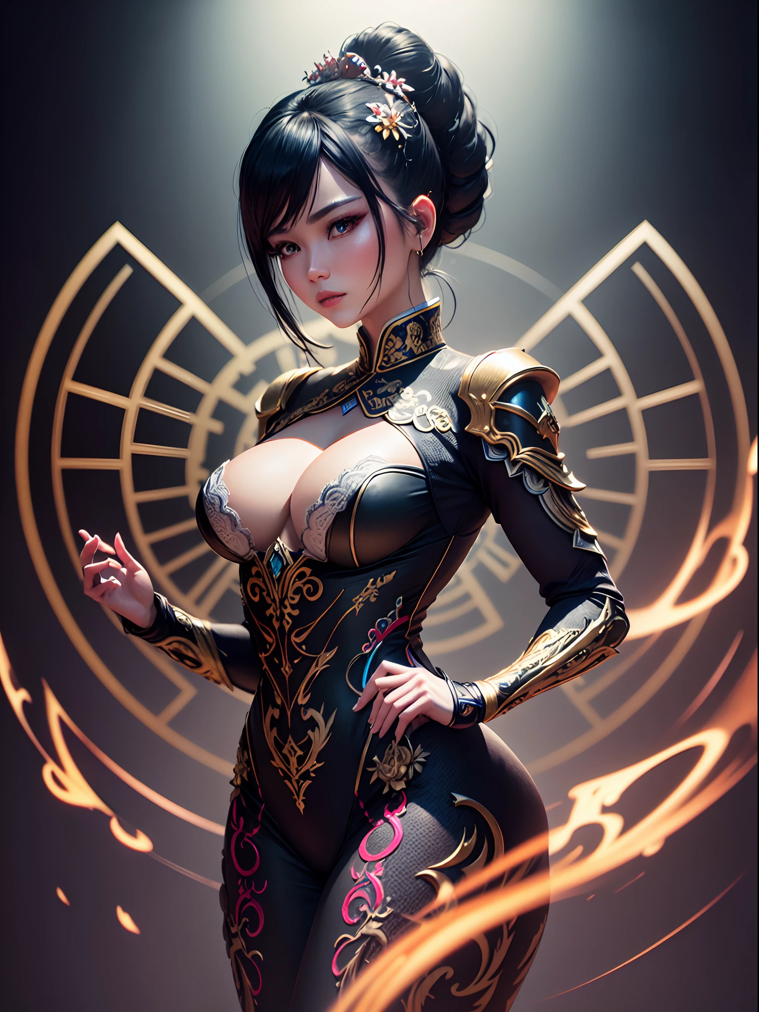 Character sheet, ultra-detailed complex 3d rendering with porcelain profile of Vietnamese character, maximalist beautiful studio soft light, rim lighting, vibrant details, lace, hyper-realistic, hand, facial muscles, electric wires, microchip, elegant, beautiful background, octane, H.R. style giger