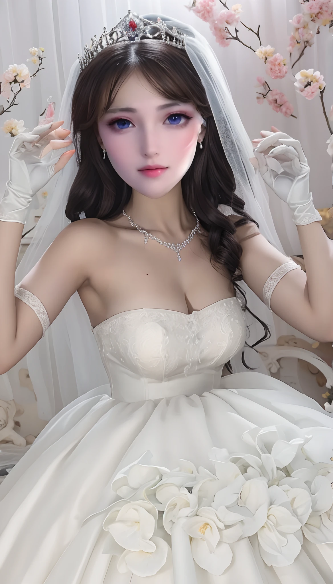 Close-up of a beautiful bride wearing a beautiful wedding dress, Gurwitz,（Pillory：1.5）, （flail：1.2）,  flail on the head, flail on the hands,full body photo,  whole body, (bridal veil: 1.5), (transparent short veil: 1.5), flushed face, head flower, tiara, Very detailed princess wedding dress,(tube wedding dress: 1.5), (silk dress: 1.2 ), (strapless wedding dress: 1.5), （floor length skirt：1.2）, pure white dress,white long skirt, necklace, earrings, (huge breasts: 1.3), deep V heart-neck wedding dress, bangs, lipstick, (lace gloves: 1.3),  high detail RAW Color art,