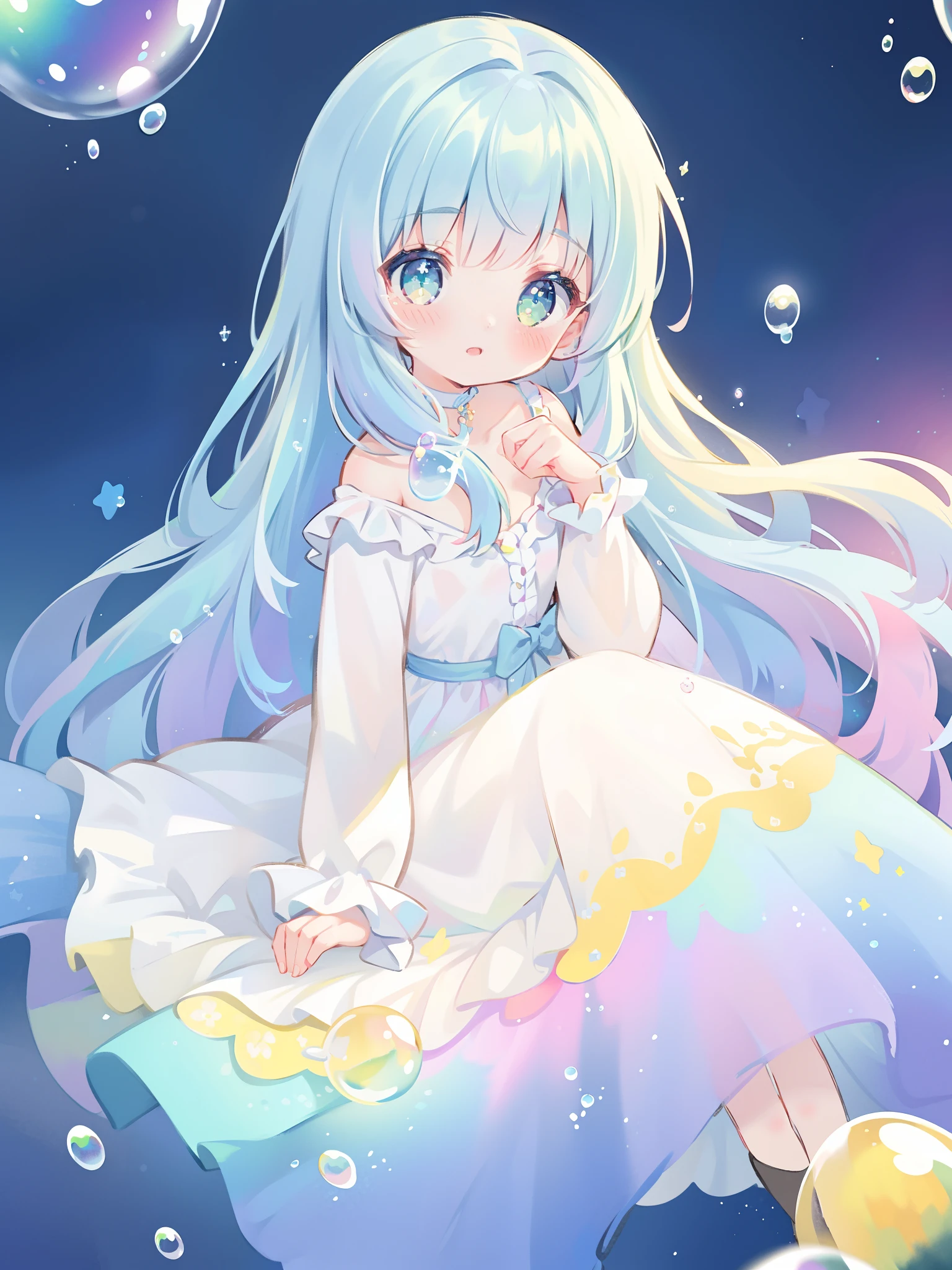 masterpiece, best quality, intricate details, beautiful girl, sparkling eyes, otherworldly liquid fantasia background, watercolor, bright vibrant colors, whimsical, colorful, layered tiered puffy long sleeve ballgown, ((iridescent rainbow bubbles))