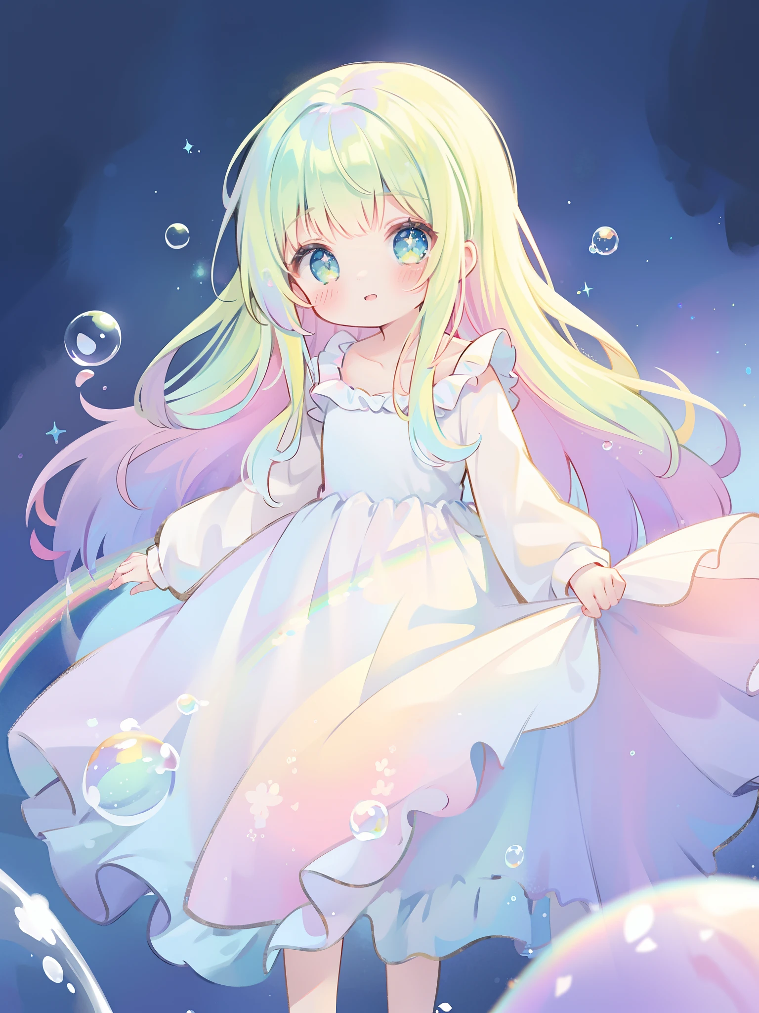 masterpiece, best quality, intricate details, beautiful girl, sparkling eyes, otherworldly liquid fantasia background, watercolor, bright vibrant colors, whimsical, colorful, layered tiered puffy long sleeve ballgown, ((iridescent rainbow bubbles))