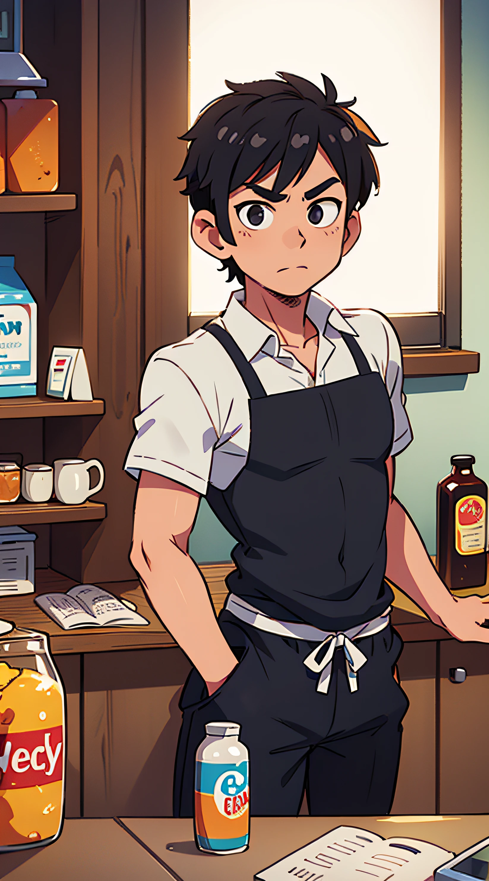 Man with an open torso in the kitchen. black hair