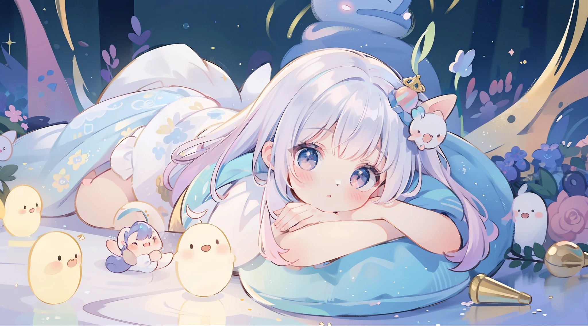 Bigboobs,No shoes,cropped shoulders,White knee-length stockings,White Lolita skirt,Star decoration,lying down