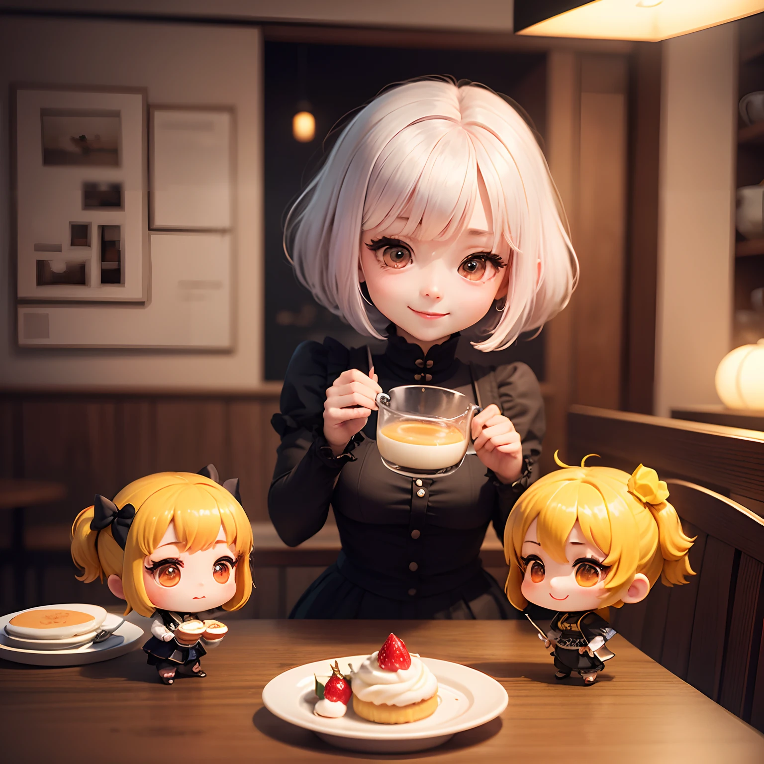 ​masterpiece、top-quality、ultra-detailliert、(Chibi Chara's Daughter:1.2)、White Bob、wraith、Yellow Bavarois🍮、Dessert Set Menu、Inside a fairytale coffee shop、A smile