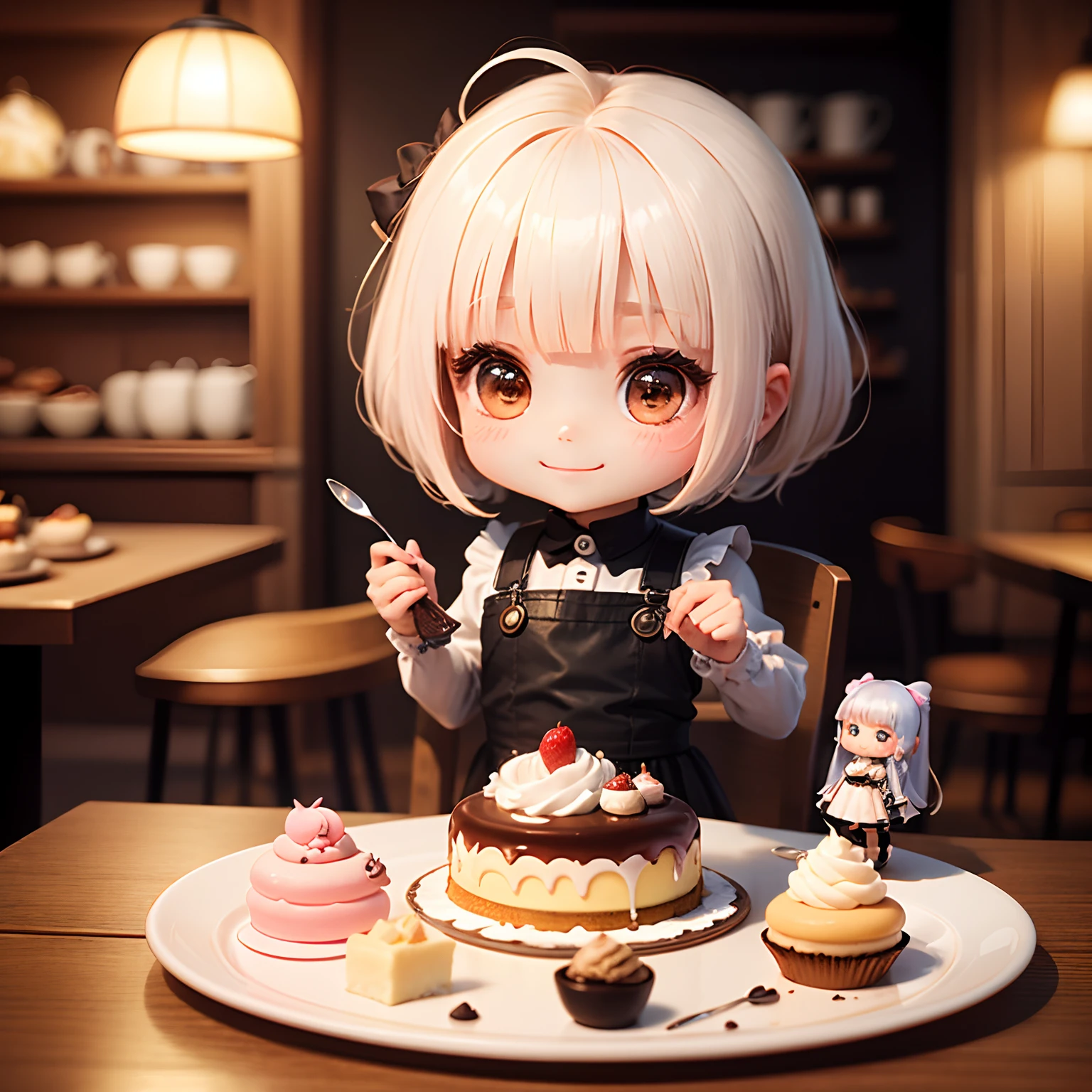 ​masterpiece、top-quality、ultra-detailliert、(Chibi Chara's Daughter:1.2)、White Bob、wraith、Yellow Bavarois🍮、Dessert Set Menu、Inside a fairytale coffee shop、A smile