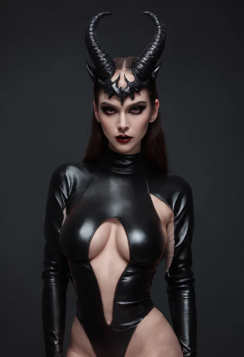 Demon woman with horns dressed in latex lingerie posing for a photo in a dark studio, black make-up, perfect body, sensual pose, ultra detailed, masterpiece.