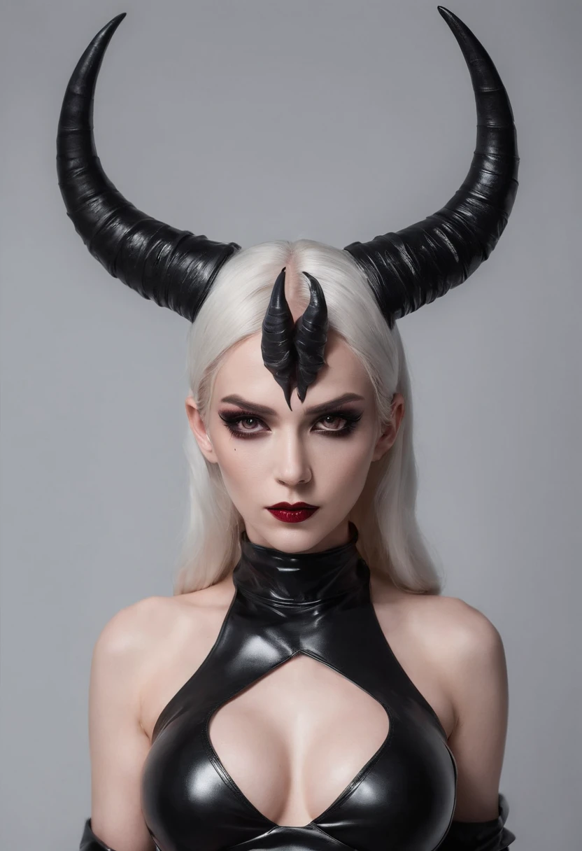 Demon woman with horns dressed in latex lingerie posing for a photo in a dark studio, black make-up, perfect body, sensual pose, ultra detailed, masterpiece.