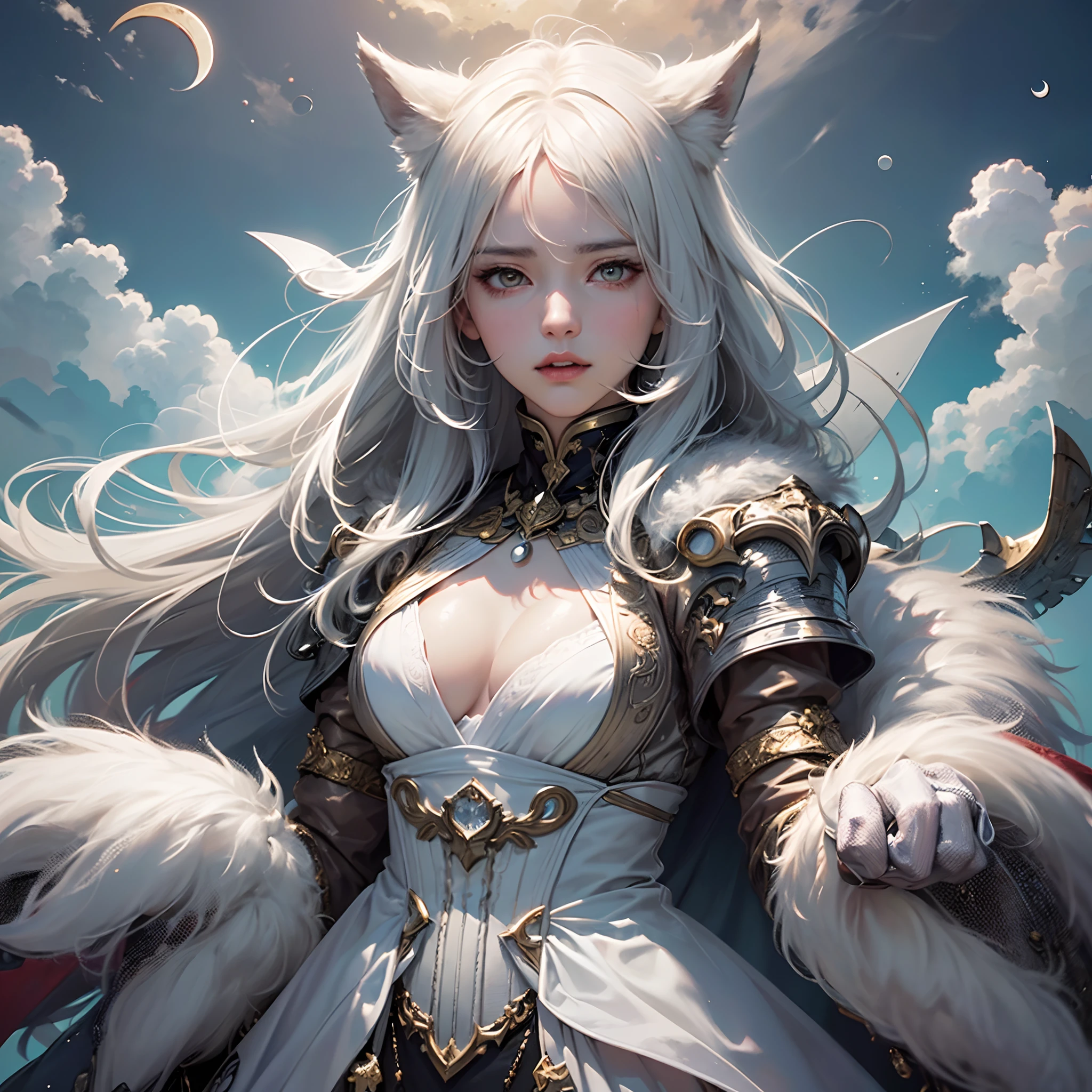 ((Finest quality)),(超A high resolution),(ultra-detailliert),(Meticulous portrayal),((Best CG)),(Finest works of art),Ultra-Precision Art,The art of astounding depiction, (Half moon hidden in clouds:1.5), (Female hunter:1.5),Fur clothing,lone wolf