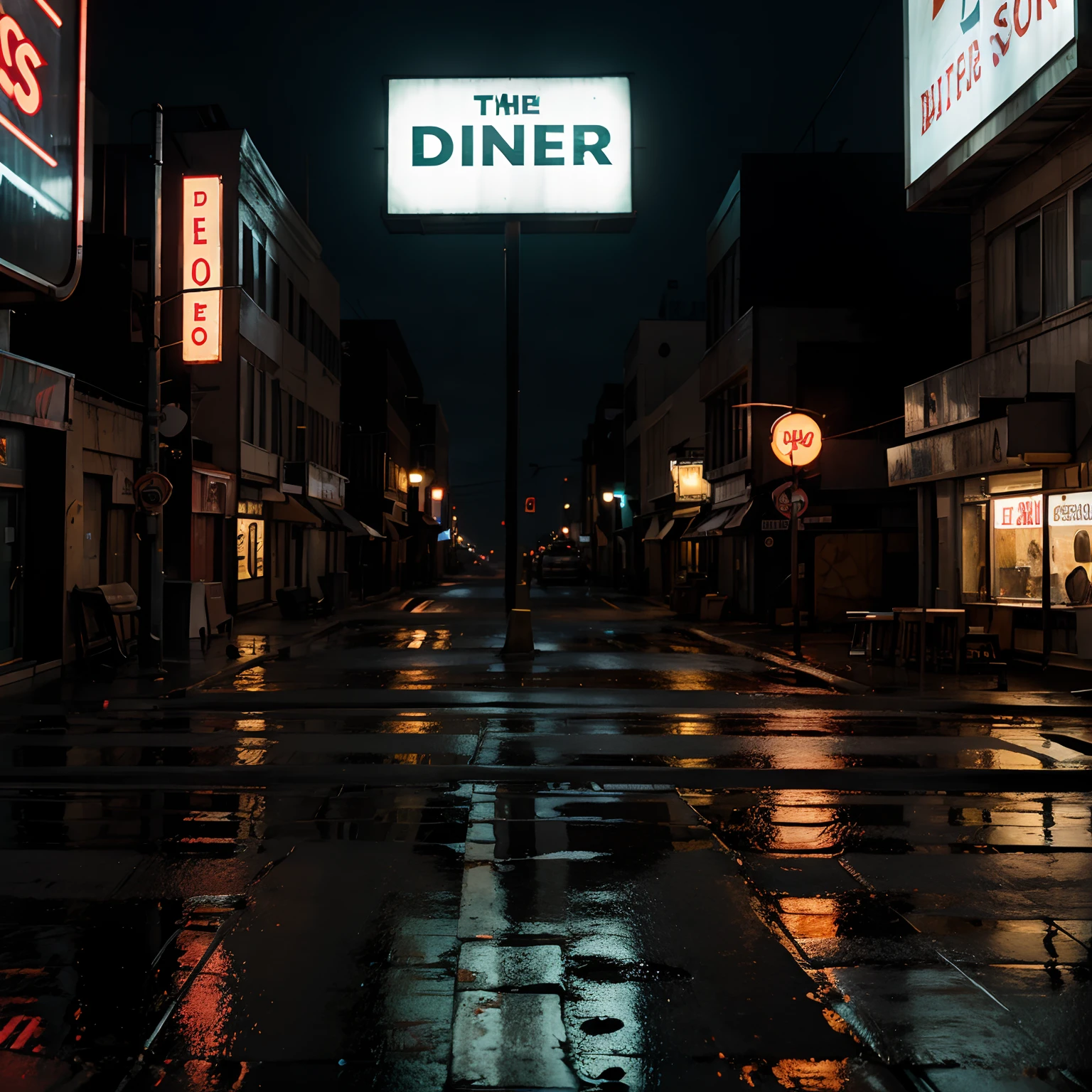 help me create an image of a deserted street with a diner with illuminated billboards in a rainy environment, in high definition, realistic, cinematic