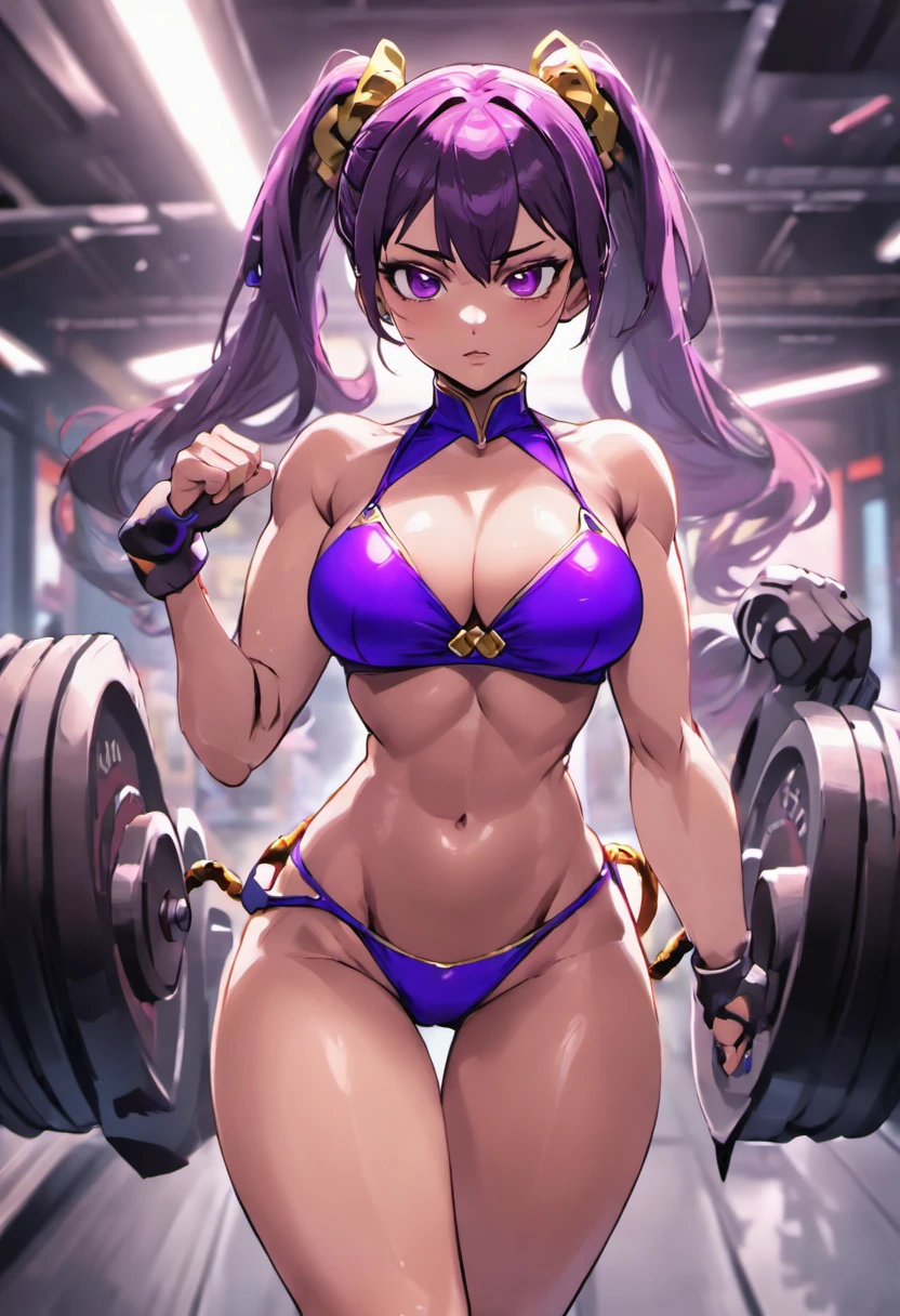 (masterpiece, best quality, high quality:1.4), highres, (ultra-detailed, highly detailed:1.2), full body, 4k, a woman in a bikini and purple underwear posing for a picture, muscular girl, extremely detailed artgerm, bodybuilder superhero bikini, [ 4 k digital art ]!!, biomechanical oppai, rossdraws 2. 5, cutesexyrobutts, oppai cyberpunk, muscular ultraviolent woman, chun li at the gym, muscular!! sci-fi