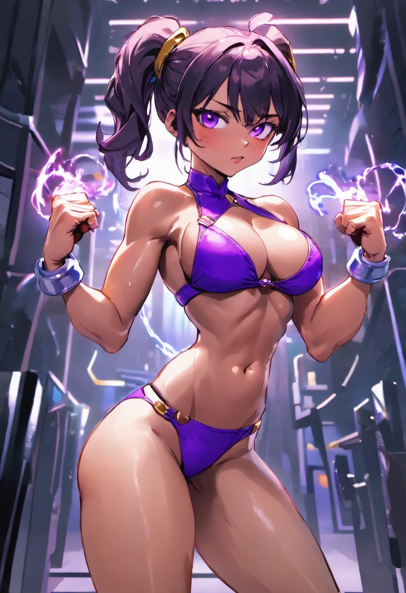 (masterpiece, best quality, high quality:1.4), highres, (ultra-detailed, highly detailed:1.2), full body, 4k, a woman in a bikini and purple underwear posing for a picture, muscular girl, extremely detailed artgerm, bodybuilder superhero bikini, [ 4 k digital art ]!!, biomechanical oppai, rossdraws 2. 5, cutesexyrobutts, oppai cyberpunk, muscular ultraviolent woman, chun li at the gym, muscular!! sci-fi