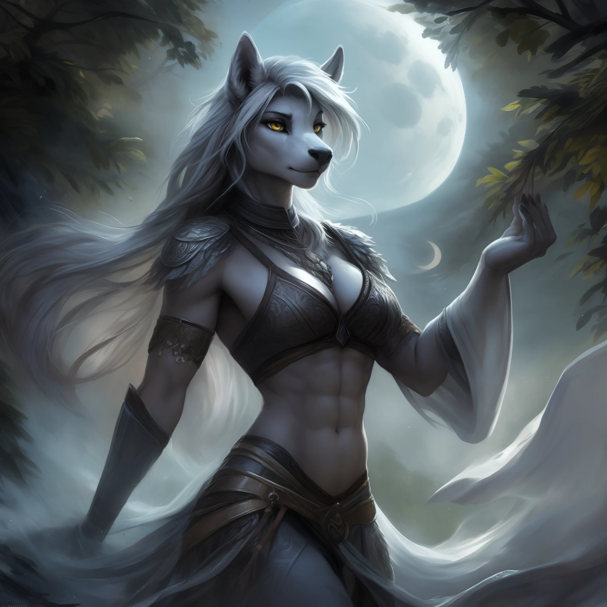 by Kenket, Ruan Jia, Chunie, Bonifasko, Extremely beautiful pony maiden, glowing green-pink mane, silver ghostly evaporating fur, silver fur, wearing crystal brasserie, runic artifacts, epic shoulders, visible belly, super slim waistline, graceful figure, realistic anatomy, toned abs, 8k image, detailed face of fantasy female pony character, detailed yellow eyes, beautiful intricate nature, wisps, moon glow