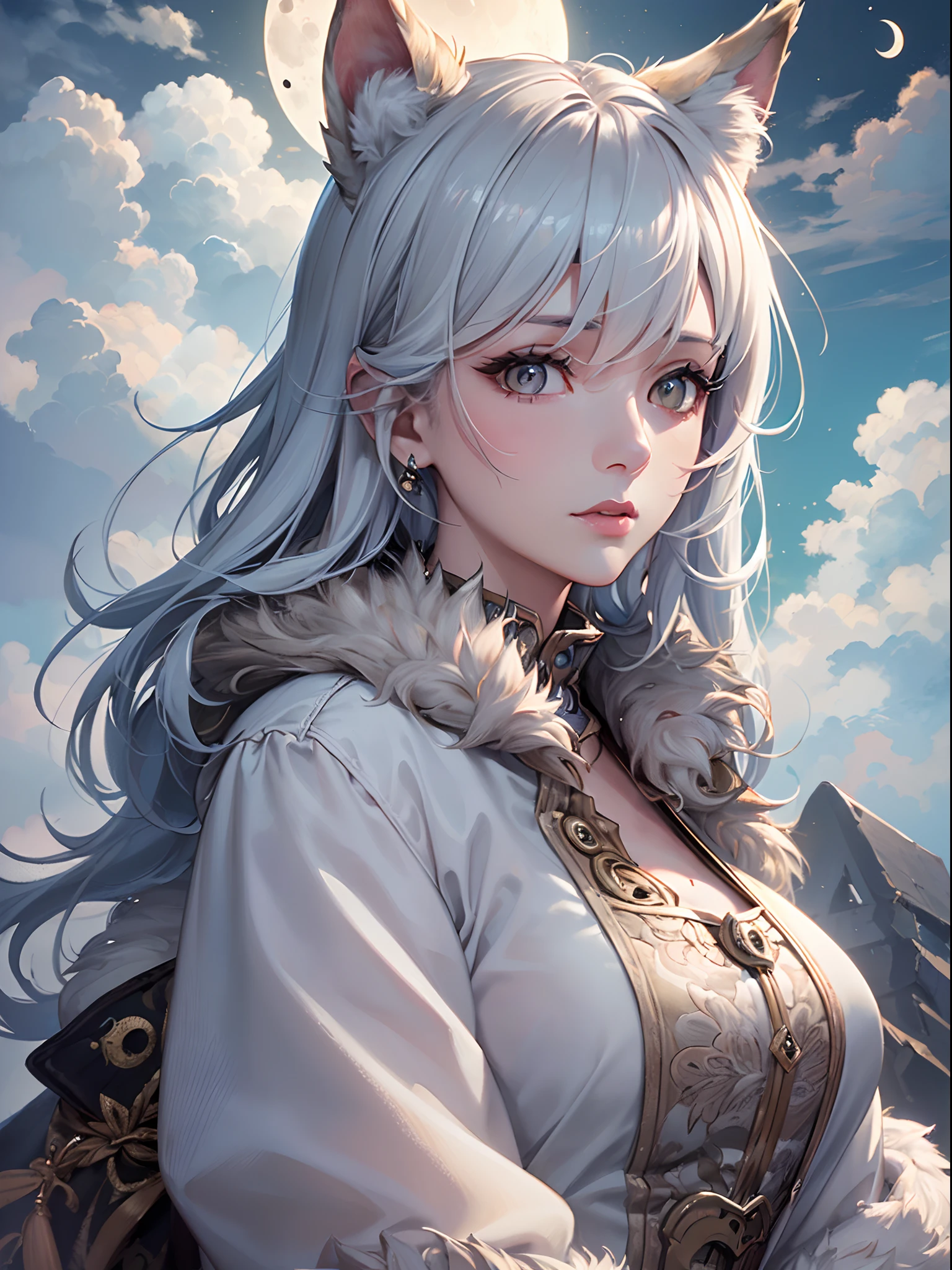 ((Finest quality)),(超A high resolution),(ultra-detailliert),(Meticulous portrayal),((Best CG)),(Finest works of art),Ultra-Precision Art,The art of astounding depiction, (Half moon hidden in clouds:1.5), (Female hunter:1.5),Fur clothing,lone wolf