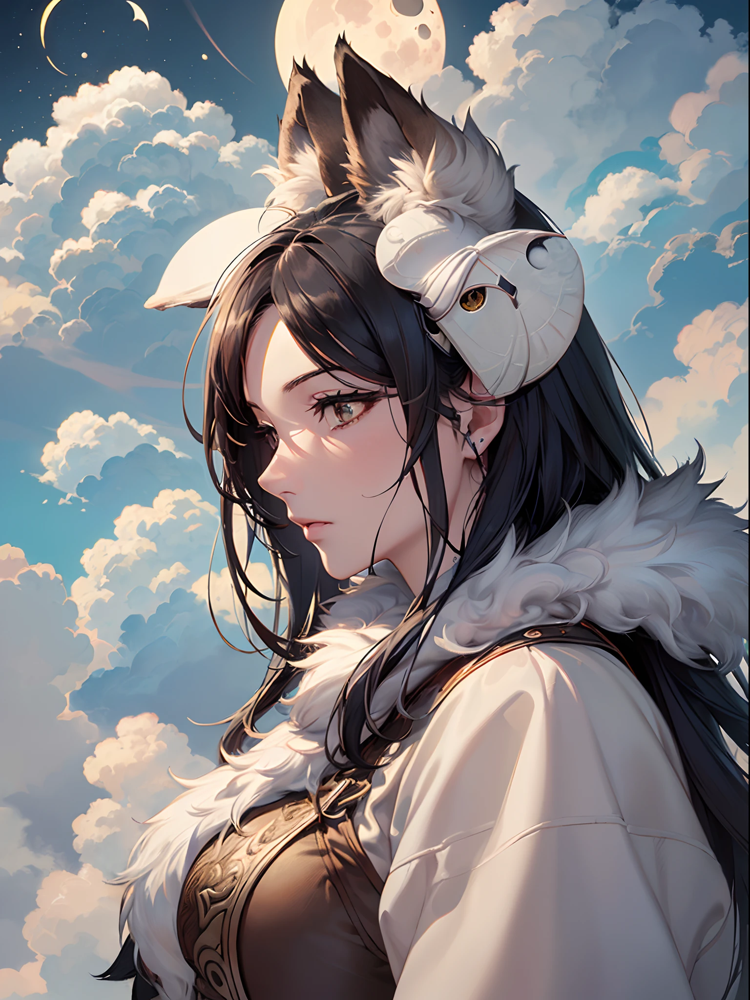 ((Finest quality)),(超A high resolution),(ultra-detailliert),(Meticulous portrayal),((Best CG)),(Finest works of art),Ultra-Precision Art,The art of astounding depiction, (Half moon hidden in clouds:1.5), (Female hunter:1.5),Fur clothing,lone wolf