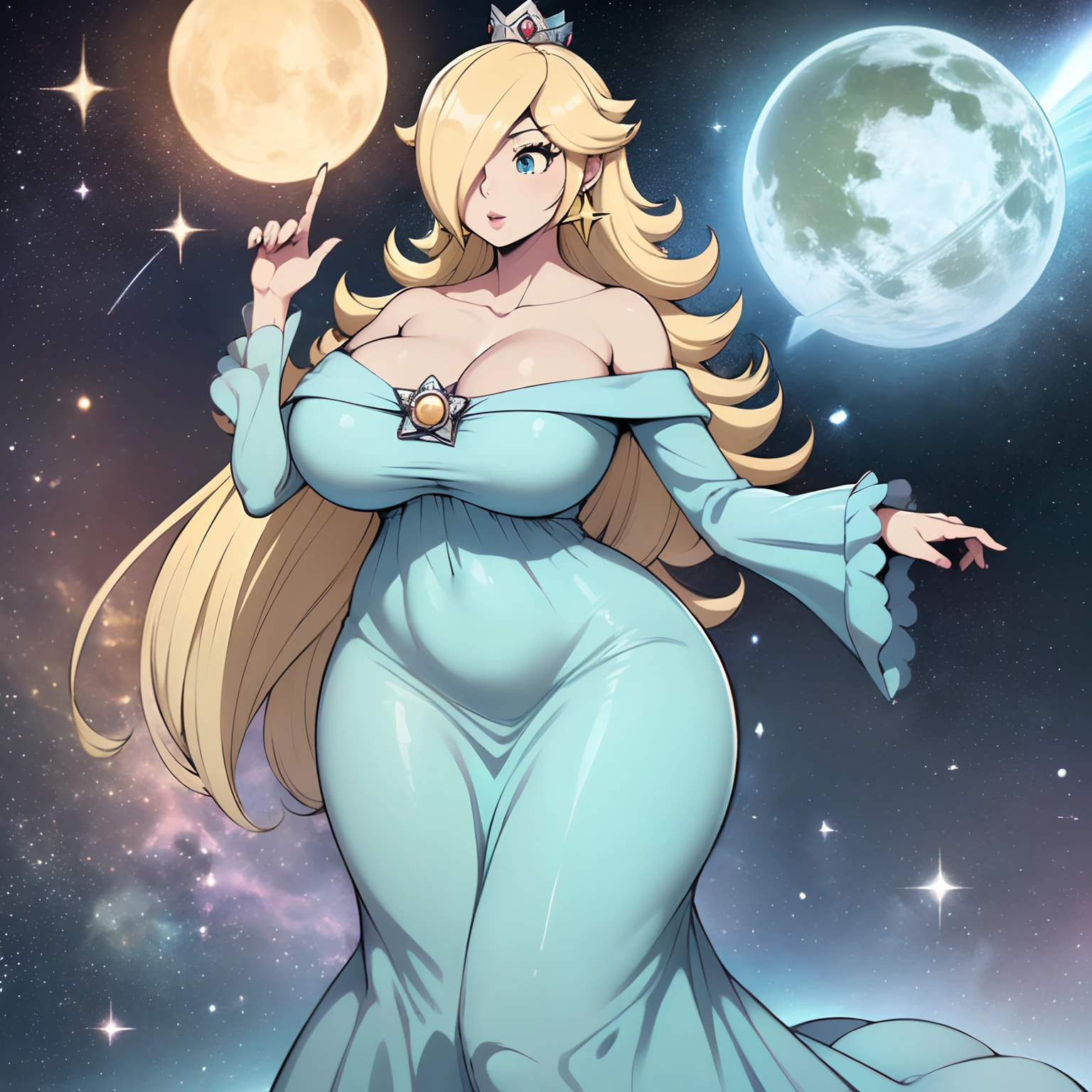 ((Rosalina)), (masterpiece:1.2, best quality), realistic, (real picture, intricate details, depth of field), ((solo:1.2)), parted lips, highly-detailed, gorgeous perfect face, (skindentation), thick thighs, (wide hips), average waist, tall, ((long blond hairs)), beautiful dark green eyes, (((long blue dress))), off shoulder, ((blue u-neck)), high heels, wearing silver crown, blushing, looking at viewer, confident smile, toned body, ((floating in space)), wide dress hiding figure, breast expansion, (((2pictures, left picture has a thin figured woman with small breasts, right has a thick woman with gigantic breasts)))