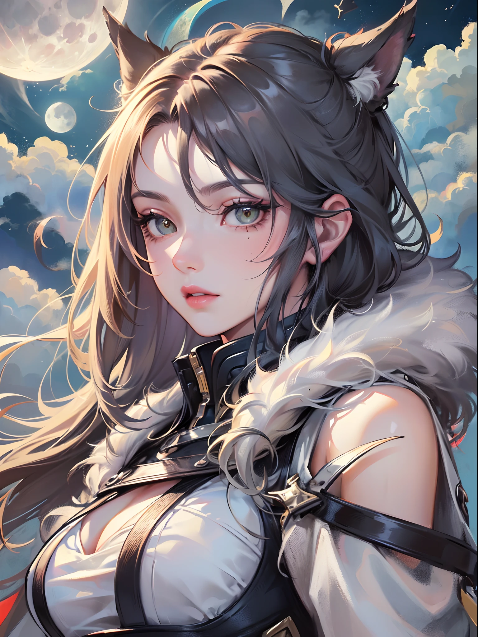 ((Finest quality)),(超A high resolution),(ultra-detailliert),(Meticulous portrayal),((Best CG)),(Finest works of art),Ultra-Precision Art,The art of astounding depiction, (Moon hidden by clouds:1.5), (Female hunter:1.5),Scars on the face,Fur clothing,lone wolf