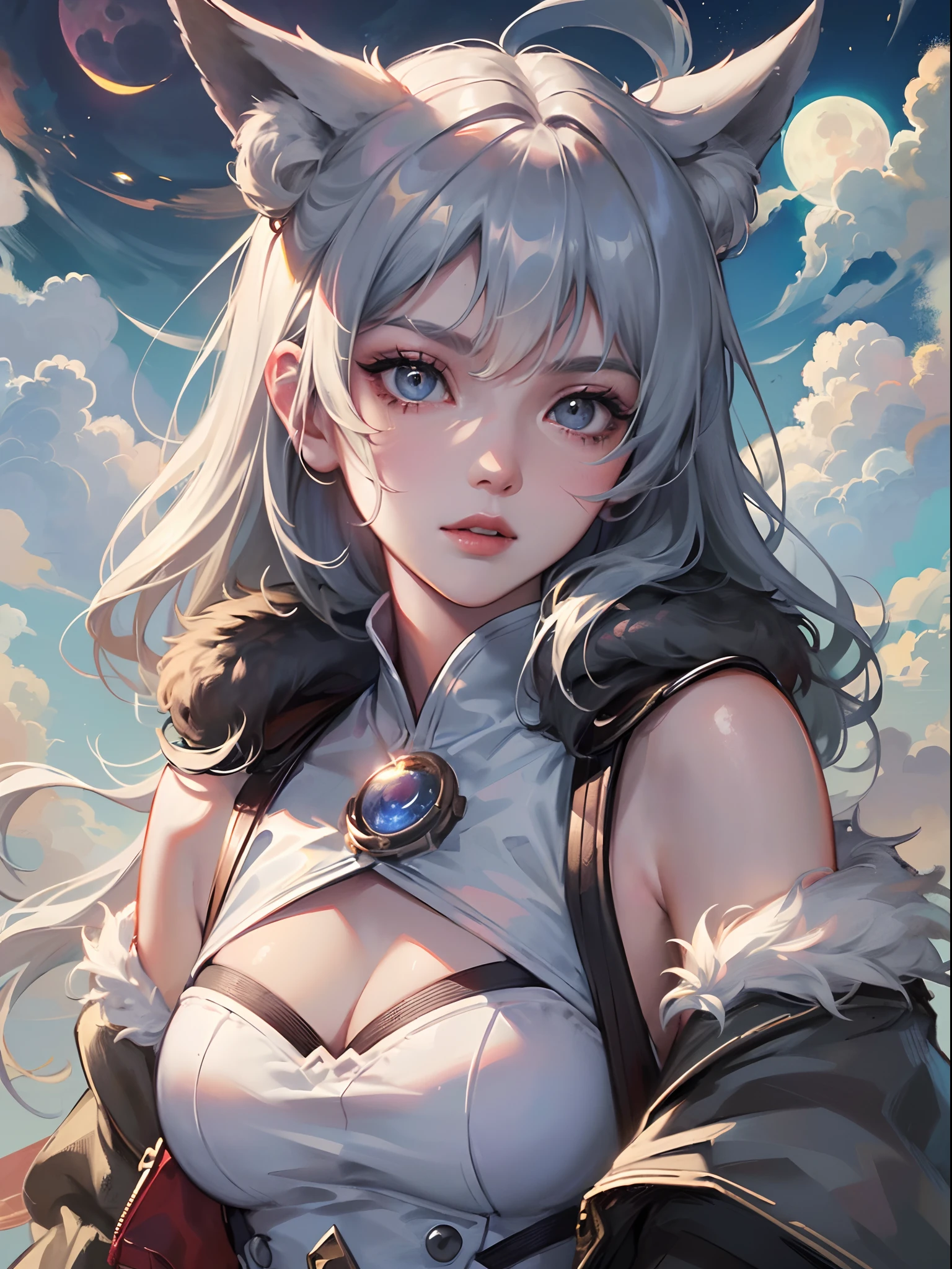((Finest quality)),(超A high resolution),(ultra-detailliert),(Meticulous portrayal),((Best CG)),(Finest works of art),Ultra-Precision Art,The art of astounding depiction, (Moon hidden by clouds:1.5), (Female hunter:1.5),Scars on the face,Fur clothing,lone wolf