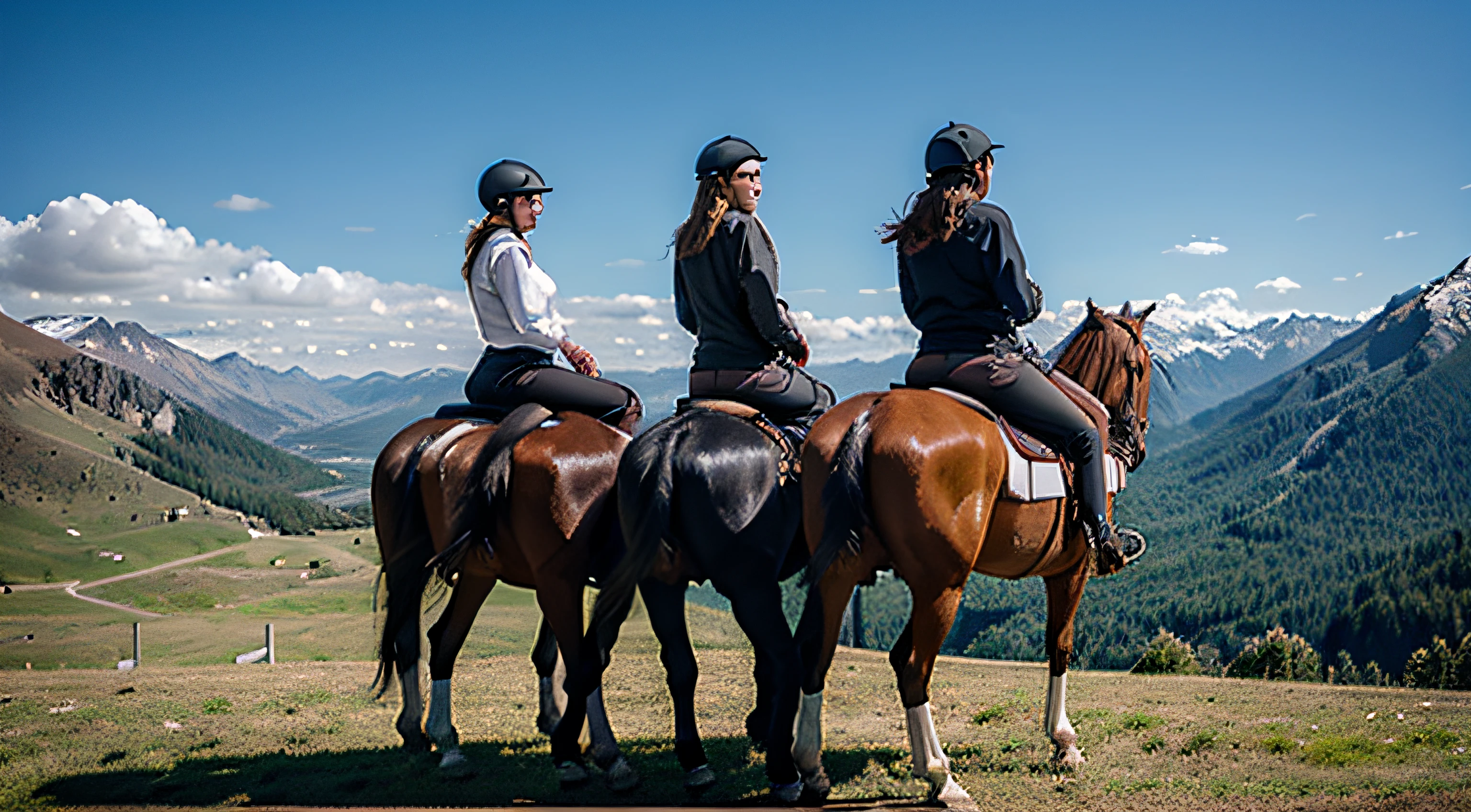 Several people on top of horses on the mountain