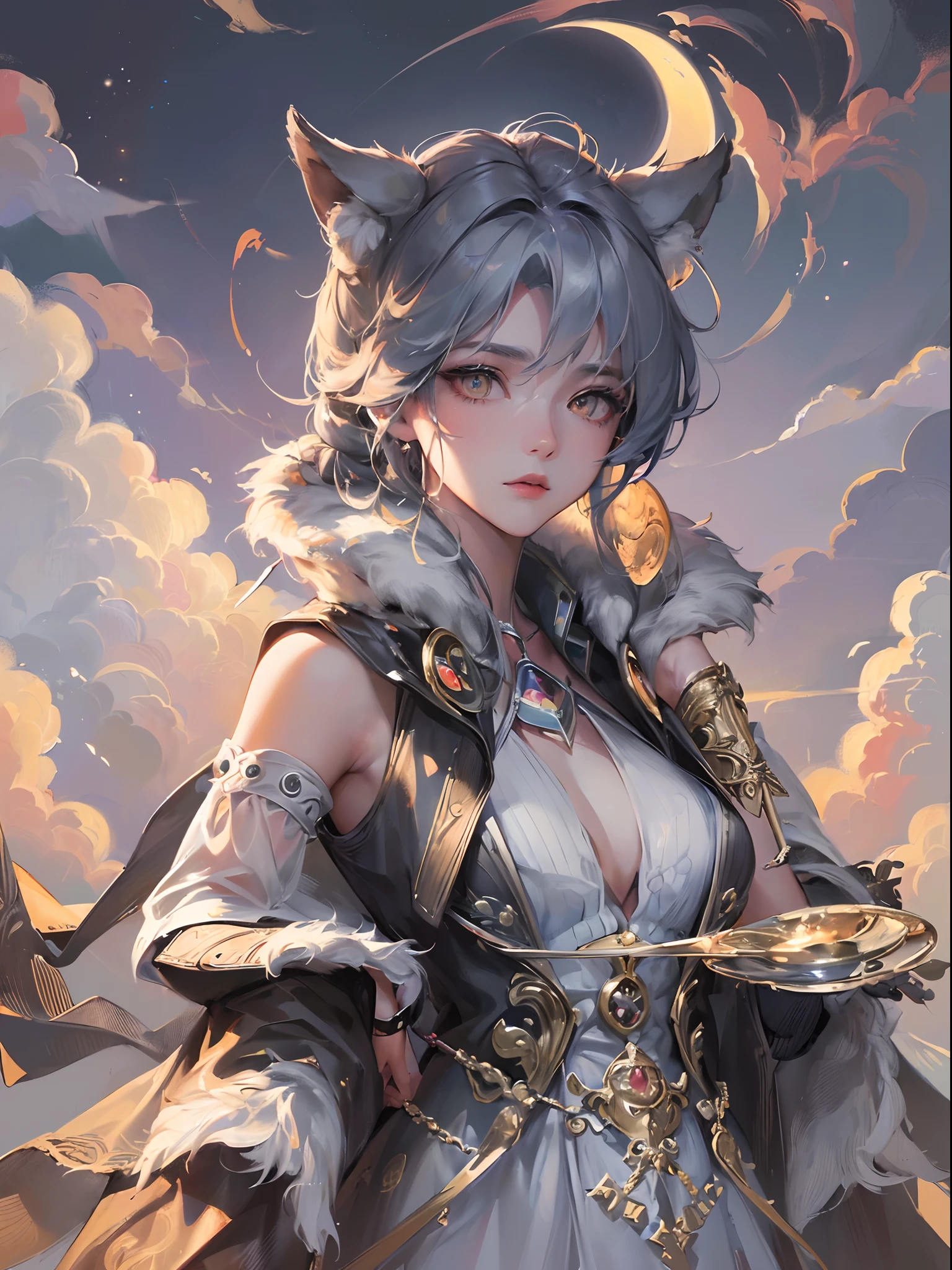 ((Finest quality)),(超A high resolution),(ultra-detailliert),(Meticulous portrayal),((Best CG)),(Finest works of art),Ultra-Precision Art,The art of astounding depiction, (Moon hidden by clouds:1.5), (Female hunter:1.5),Scars on the face,Fur clothing,lone wolf