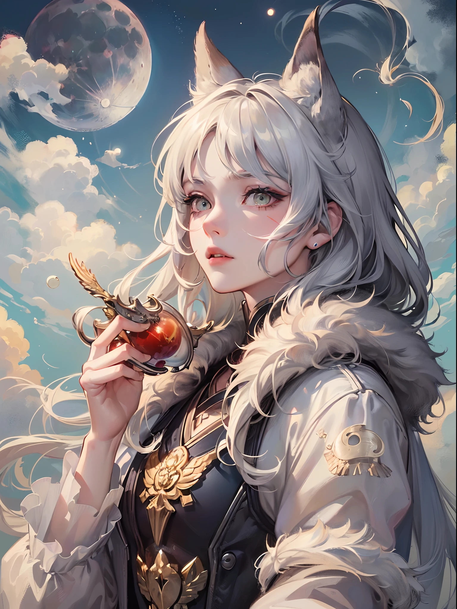 ((Finest quality)),(超A high resolution),(ultra-detailliert),(Meticulous portrayal),((Best CG)),(Finest works of art),Ultra-Precision Art,The art of astounding depiction, (Moon hidden by clouds:1.5), (Female hunter:1.5),Scars on the face,Fur clothing,lone wolf