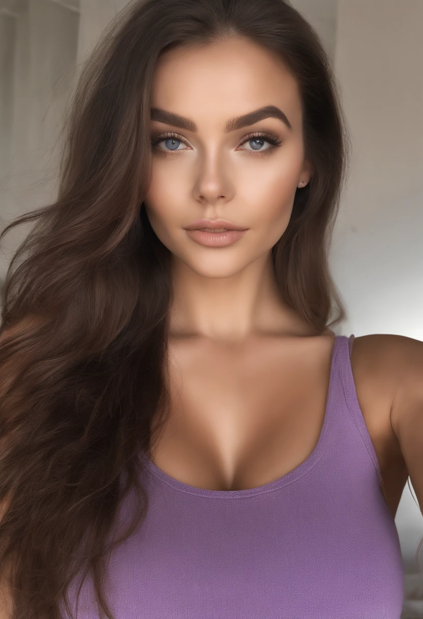 closeup picture of the face, sexy girl with brown eyes, portrait sophie mudd, brown hair and large eyes, selfie of a young woman, bedroom eyes, violet myers, without makeup, natural makeup, looking directly at the camera, face with artgram, subtle makeup, in bedroom, cleavage