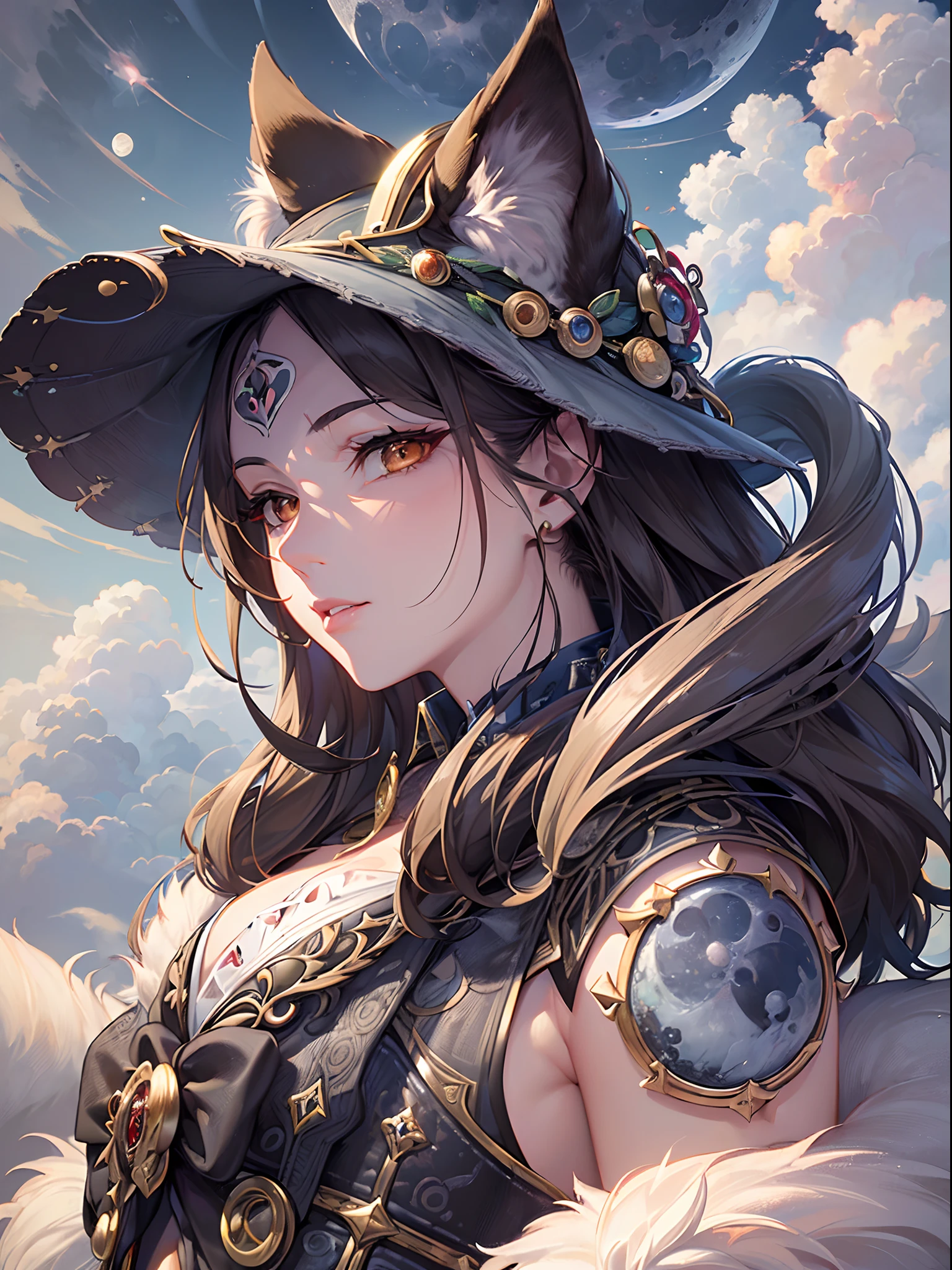 ((Finest quality)),(超A high resolution),(ultra-detailliert),(Meticulous portrayal),((Best CG)),(Finest works of art),Ultra-Precision Art,The art of astounding depiction, (Moon hidden by clouds:1.5), (Female hunter:1.5),Scars on the face,Fur clothing,lone wolf
