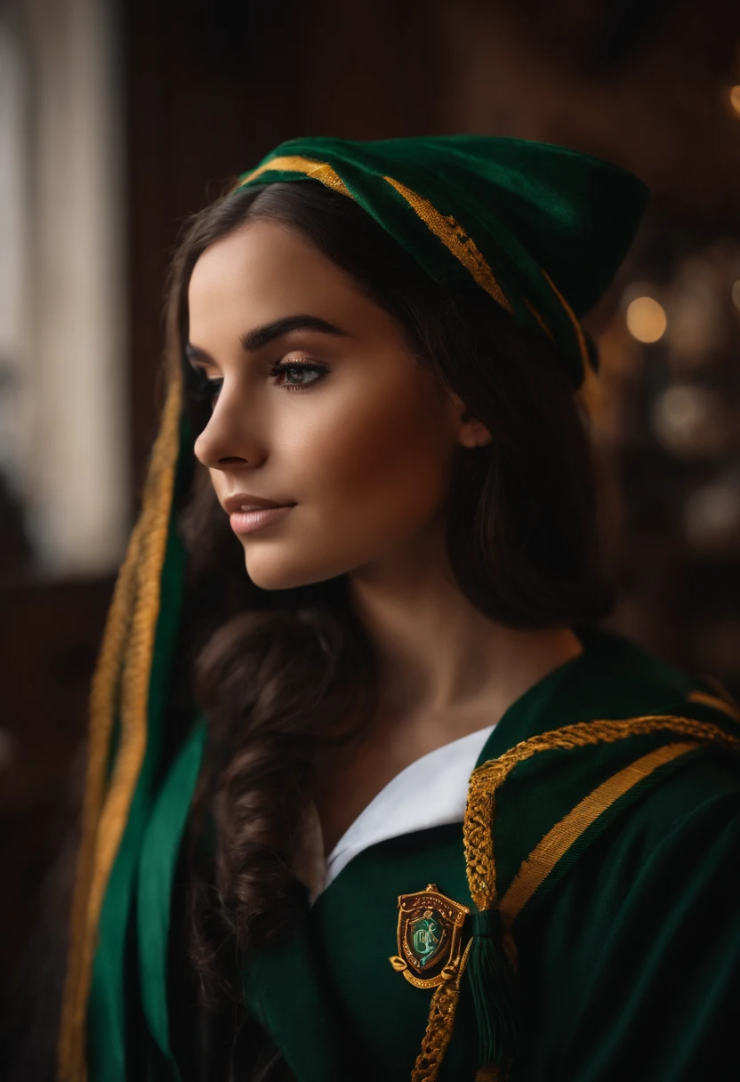 una chica hermpsa de pelo negro con el uniforme de hogwarts con una bufanda de la casa slytherin puesta