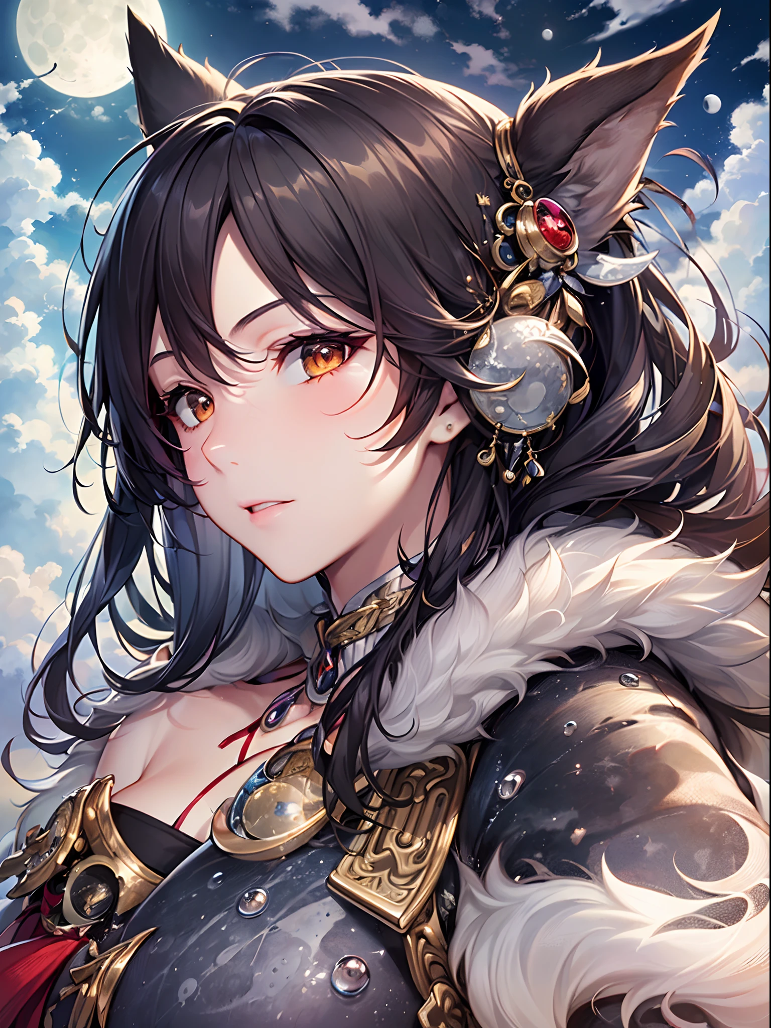 ((Finest quality)),(超A high resolution),(ultra-detailliert),(Meticulous portrayal),((Best CG)),(Finest works of art),Ultra-Precision Art,The art of astounding depiction, (Moon hidden by clouds:1.5), (Female hunter:1.5),Scars on the face,Fur clothing,lone wolf