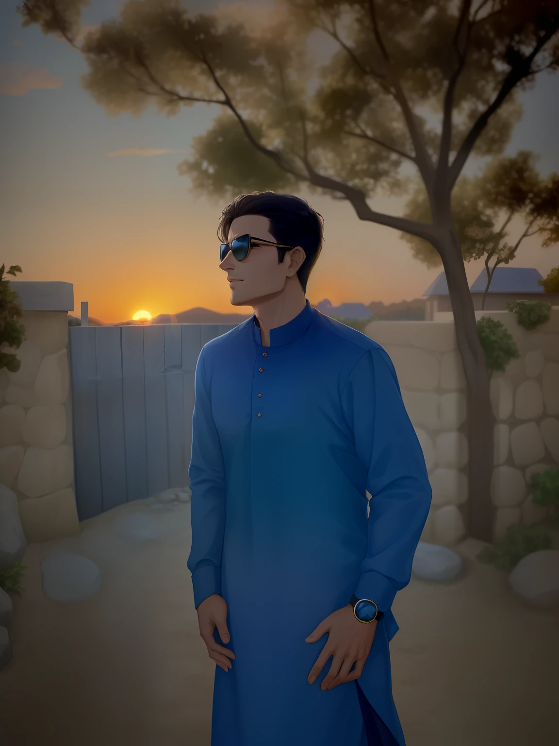 arafed man in blue shirt and sunglasses standing in front of a stone wall, with sunset, during sunset, profile picture 1024px, mohamed chahin style, during golden hour, wearing a kurta, profile pic, taken at golden hour, with a sunset, during a sunset, in the sunset, very very low quality picture, at a beautiful sunset