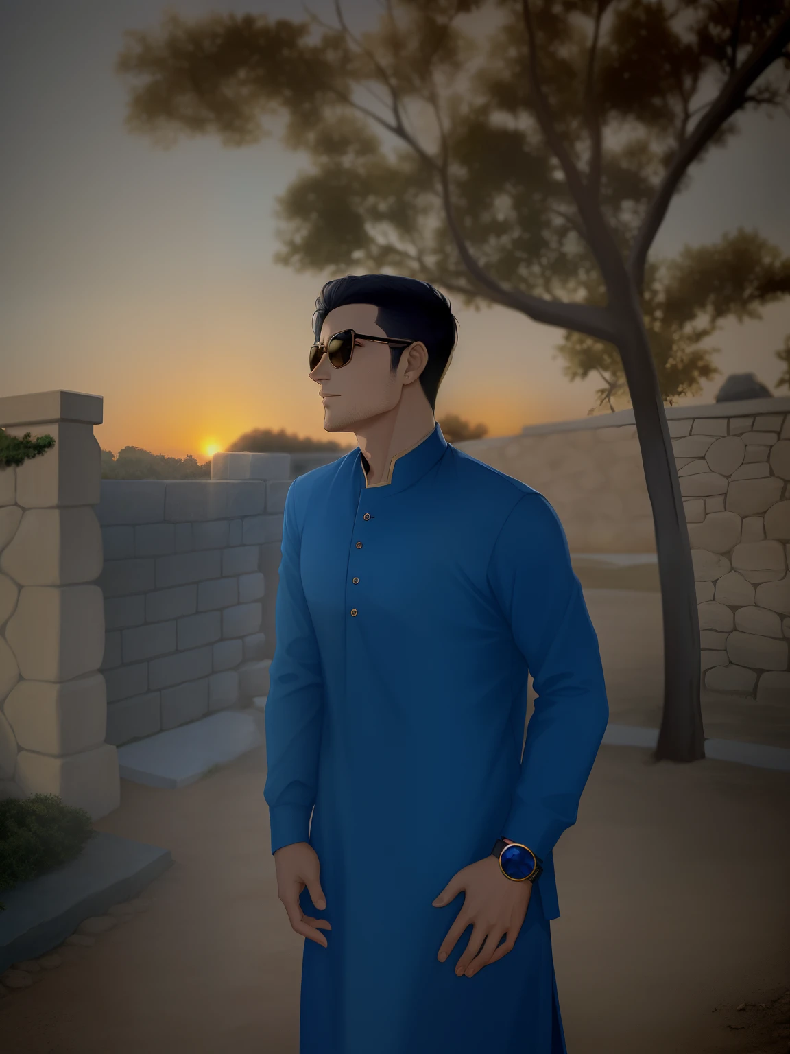 arafed man in blue shirt and sunglasses standing in front of a stone wall, with sunset, during sunset, profile picture 1024px, mohamed chahin style, during golden hour, wearing a kurta, profile pic, taken at golden hour, with a sunset, during a sunset, in the sunset, very very low quality picture, at a beautiful sunset