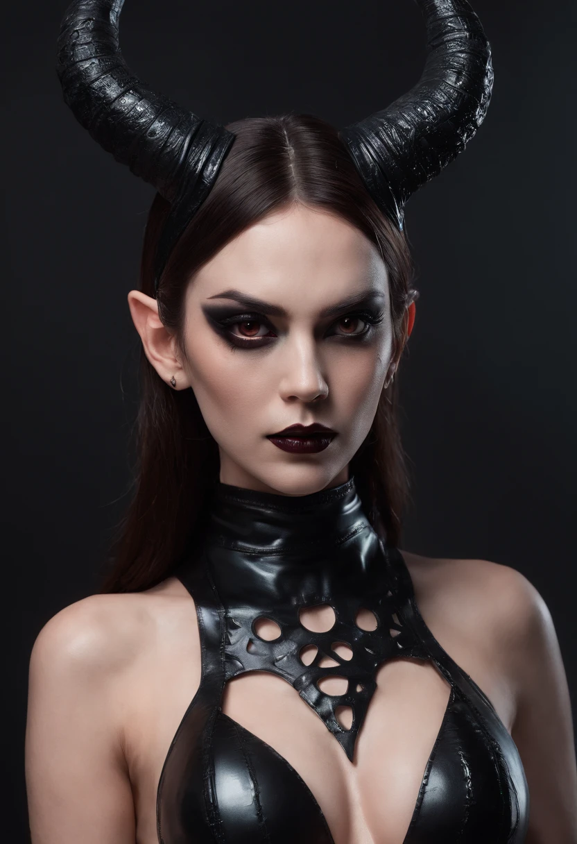 Demon woman with horns dressed in latex lingerie posing for a photo in a dark studio, black make-up, perfect body, sensual pose, ultra detailed, masterpiece.