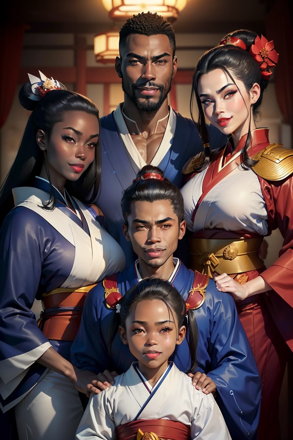 Family, ((father darkskin, clean face, chad, alpha, silly face, smiling, tall ,muscular, royal blue kimono,)),(azula, White skin, black hair,red lips, amber eyes,small frame, massive boobs, red kimono) Children, five daughters, two sons